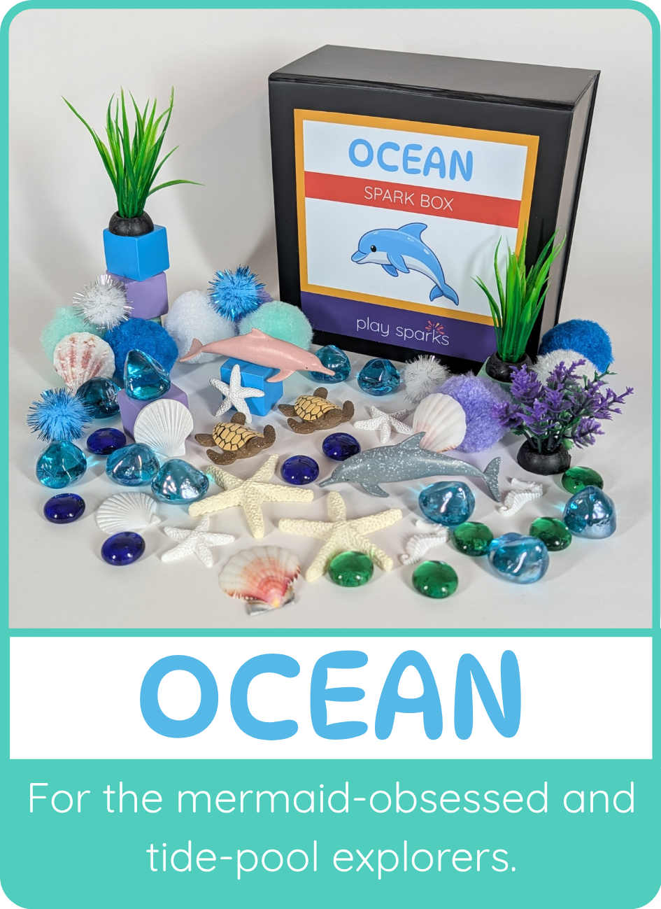 Ocean Spark Box for the mermaid-obsessed and tide-pool explorers, shown with dolphins, turtles, shells, and starfish