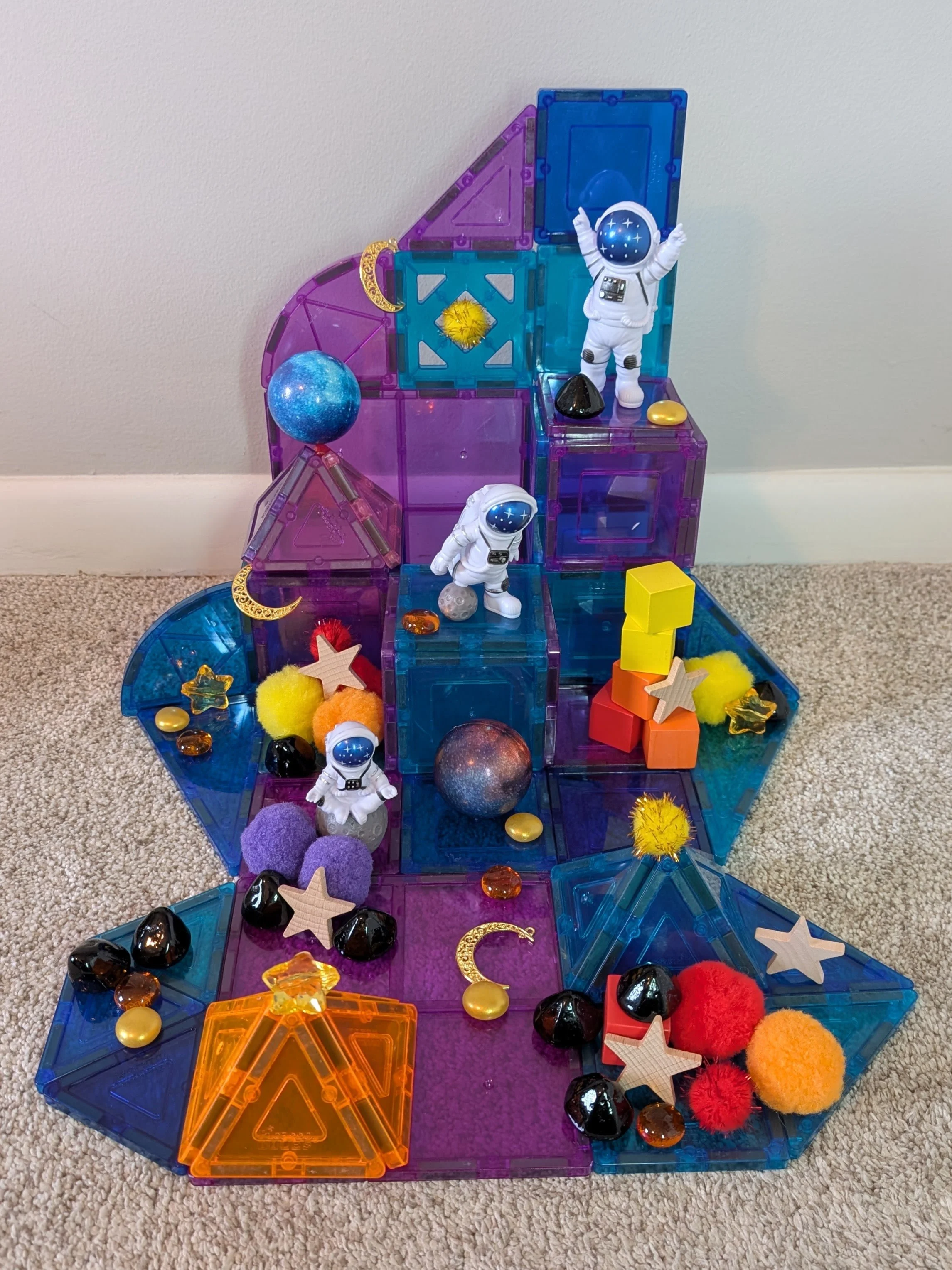 Imaginative space station build with Play Sparks Space Spark Box loose parts combined with magnetic tiles, open-ended STEM play for kids ages 4 to 8