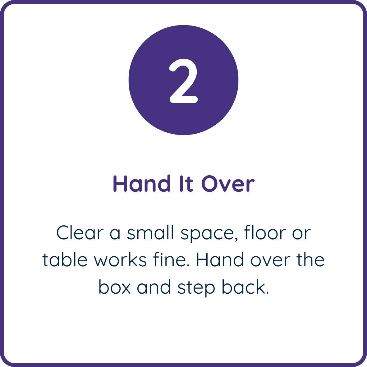 Step 2 graphic reading "Hand It Over": clear a small space on the floor or a table, hand over the Spark Box, and step back