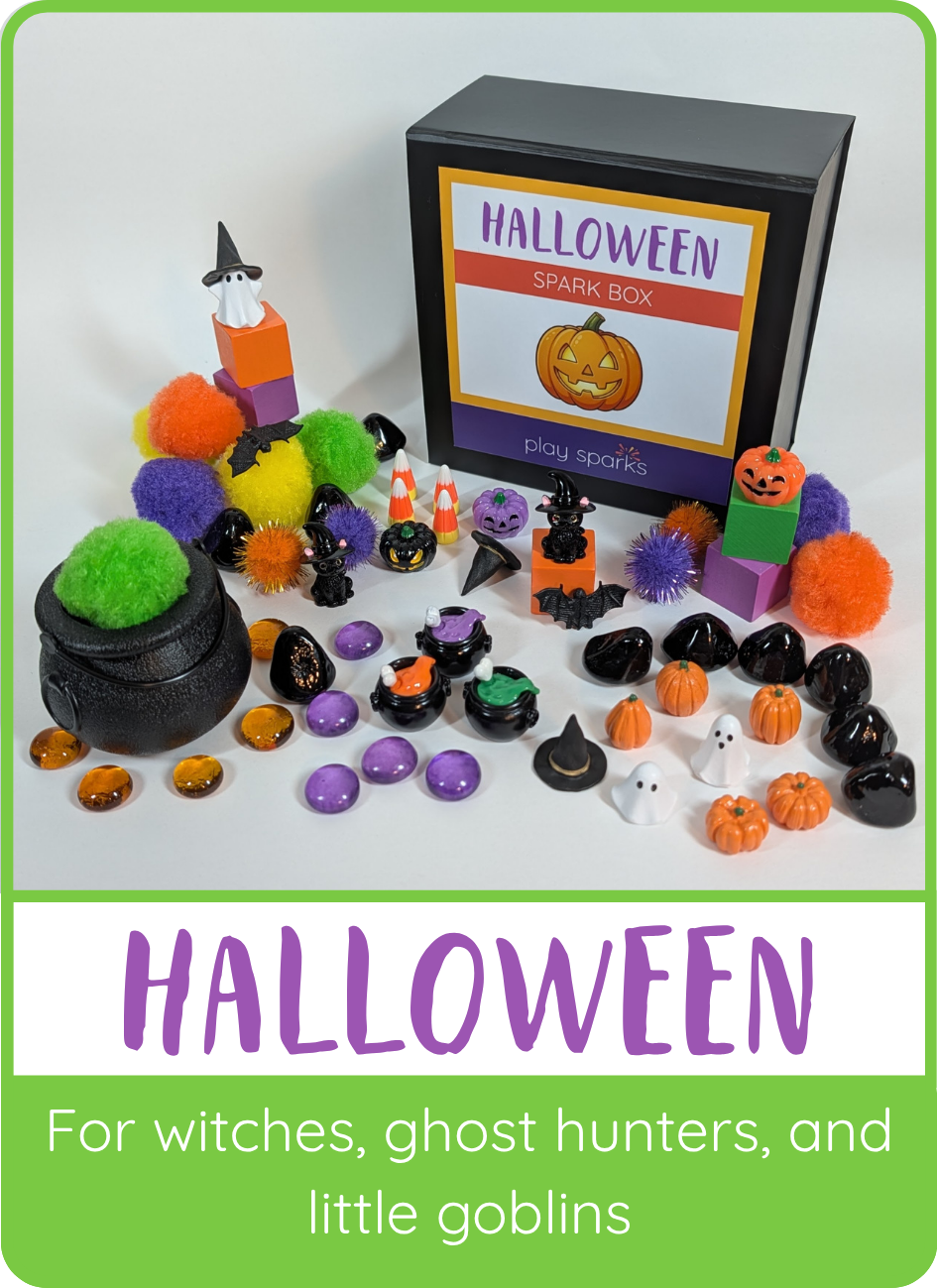 Halloween Spark Box for witches, ghost hunters, and little goblins, shown with cauldrons, pumpkins, ghosts, and bats