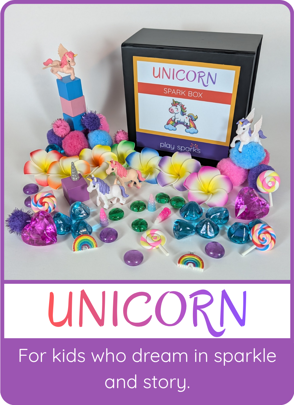 Unicorn Spark Box for kids who dream in sparkle and story, with unicorns, rainbows, heart gems, and colorful flowers