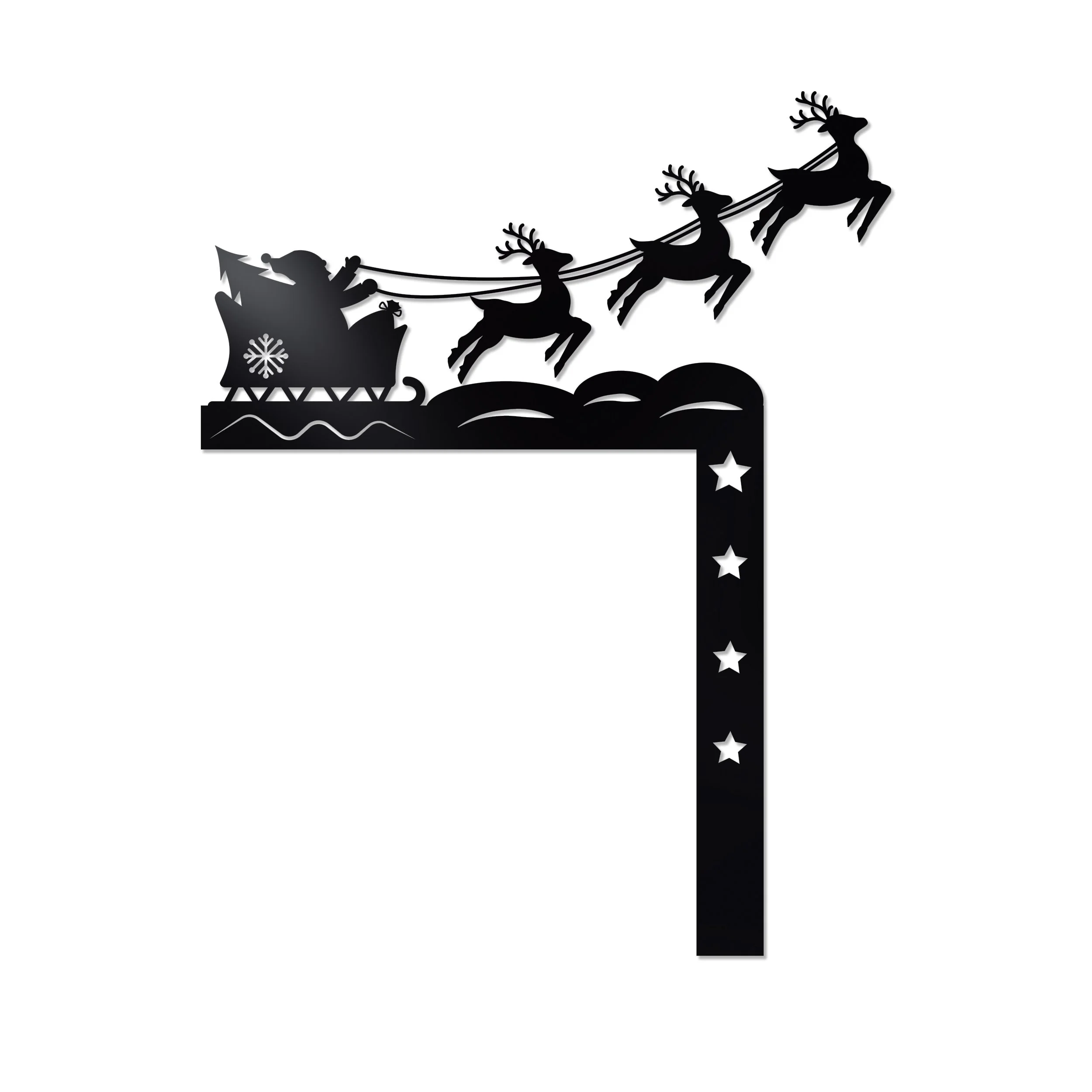 Black metal Christmas corner decoration with Santa in his sleigh and three flying reindeer