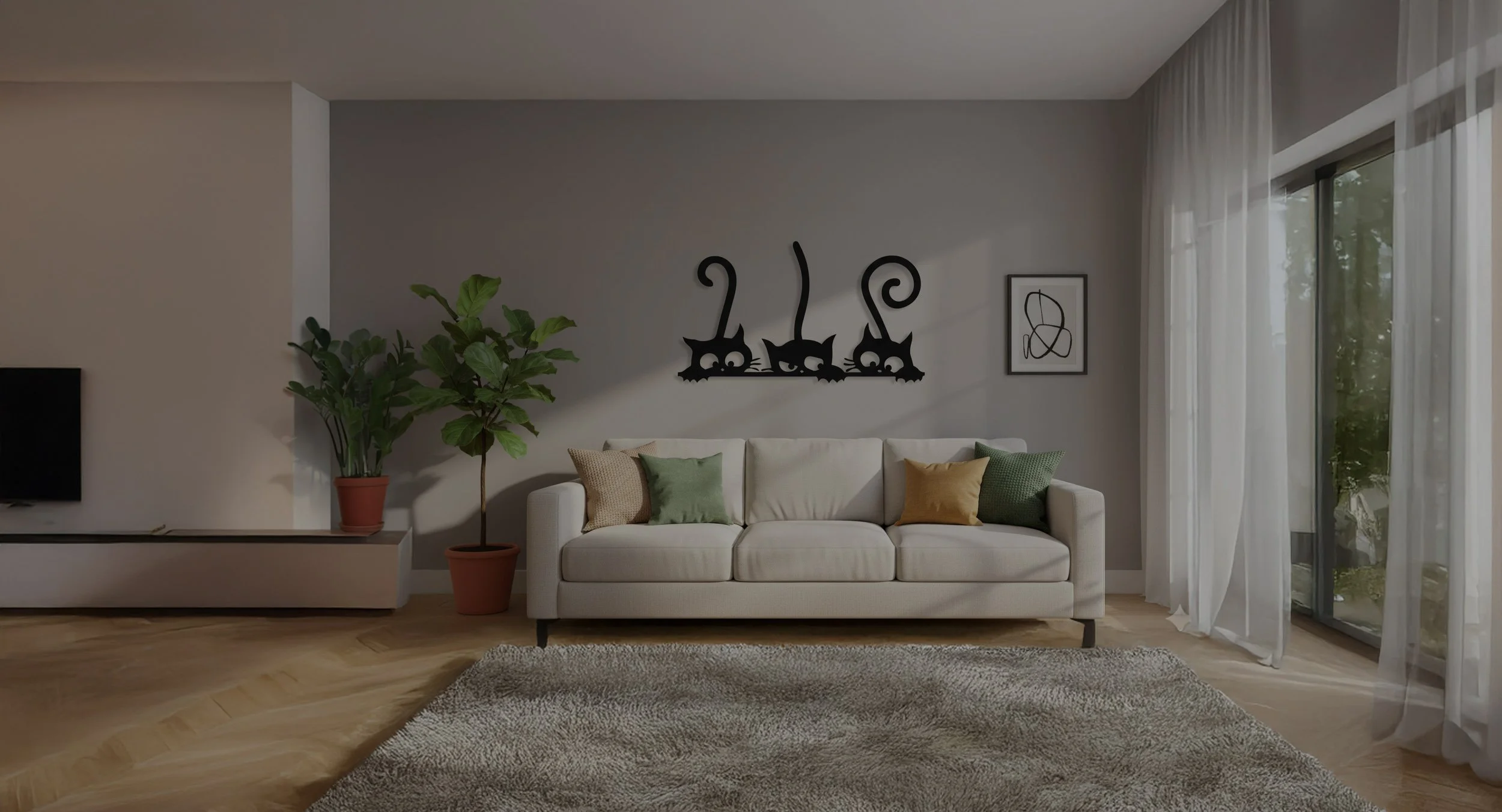 A large metal wall art piece featuring three black cats with long curving tails, mounted above a white sofa with decorative pillows, a potted plant, and large windows with sheer curtains.