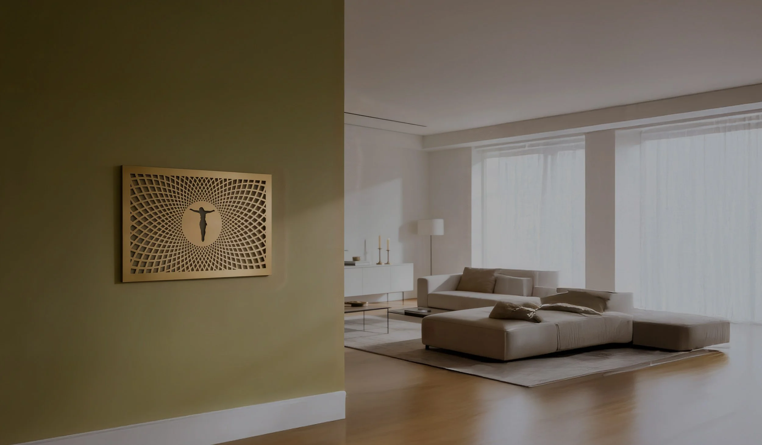 Abstract religious artistic wall panel displayed in a modern living room with large windows and minimalist decor.