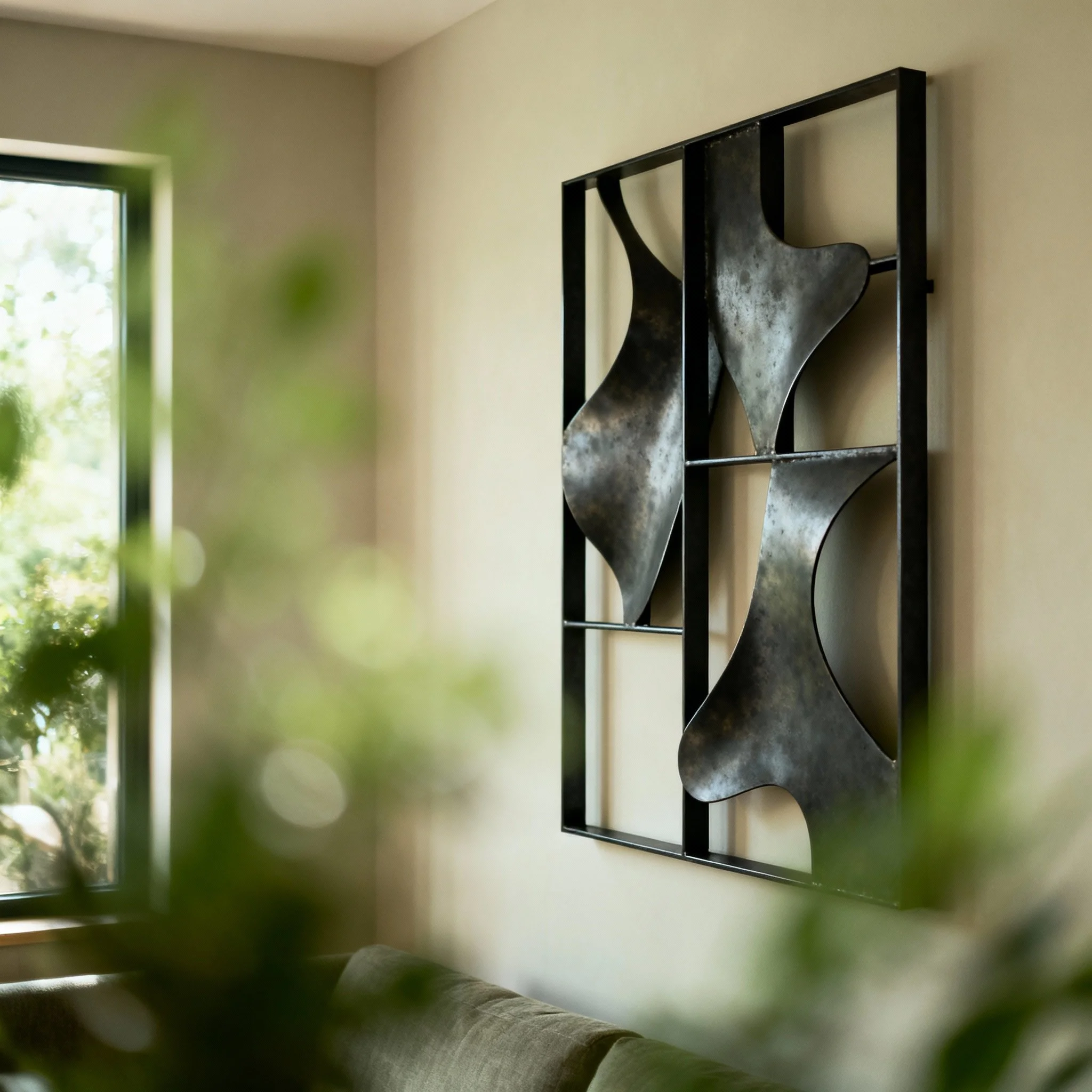 Interior wall with modern metal wall art above a sofa, near an open window with greenery outside.