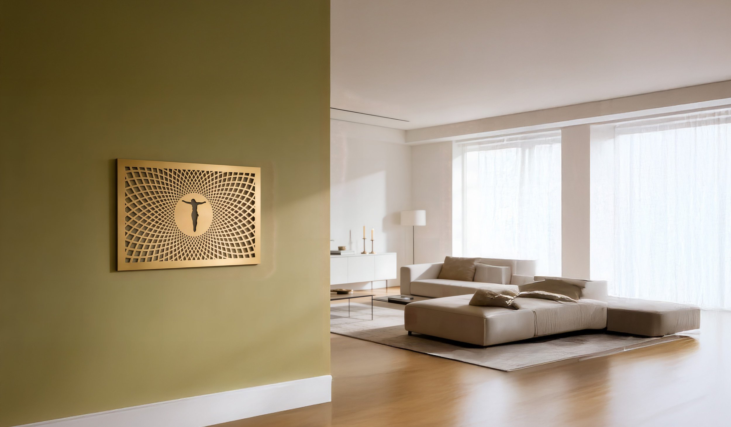 Gold metal wall art featuring a crucifix silhouette within an abstract geometric pattern, displayed on a green wall in a modern living room with minimalistic decor.