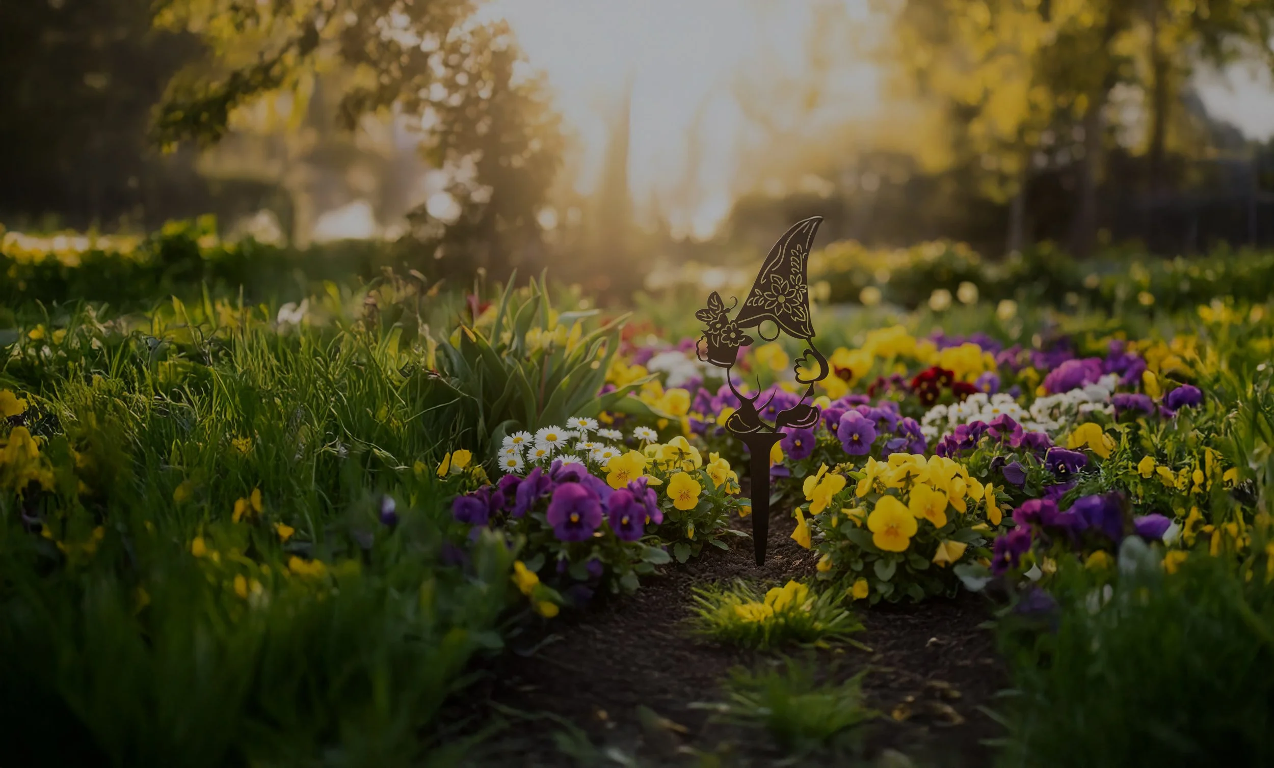 A whimsical gnome stake surrounded by a peaceful garden and colorful flowers, with trees in the background.