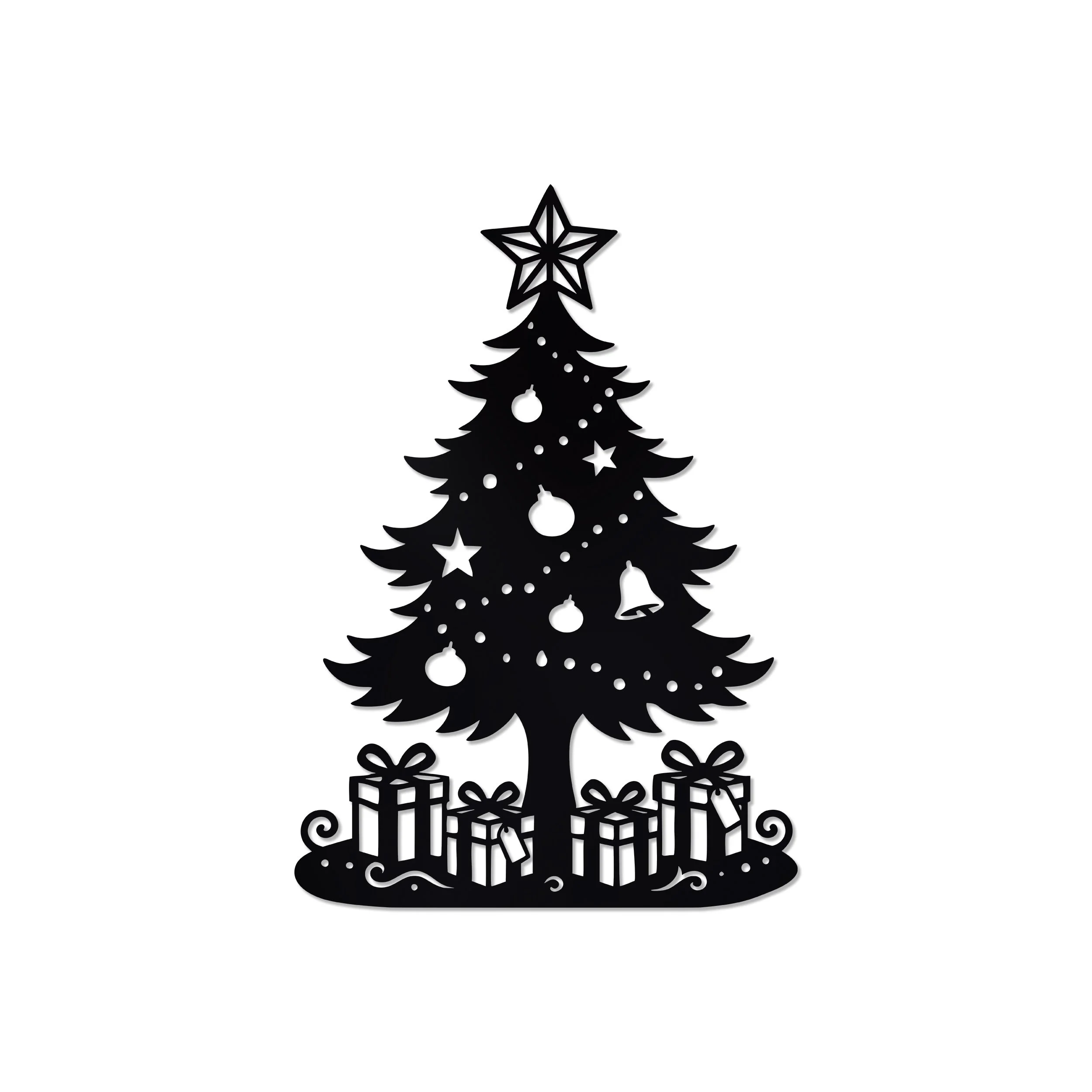 Black metal wall Christmas tree with ornaments, star and presents