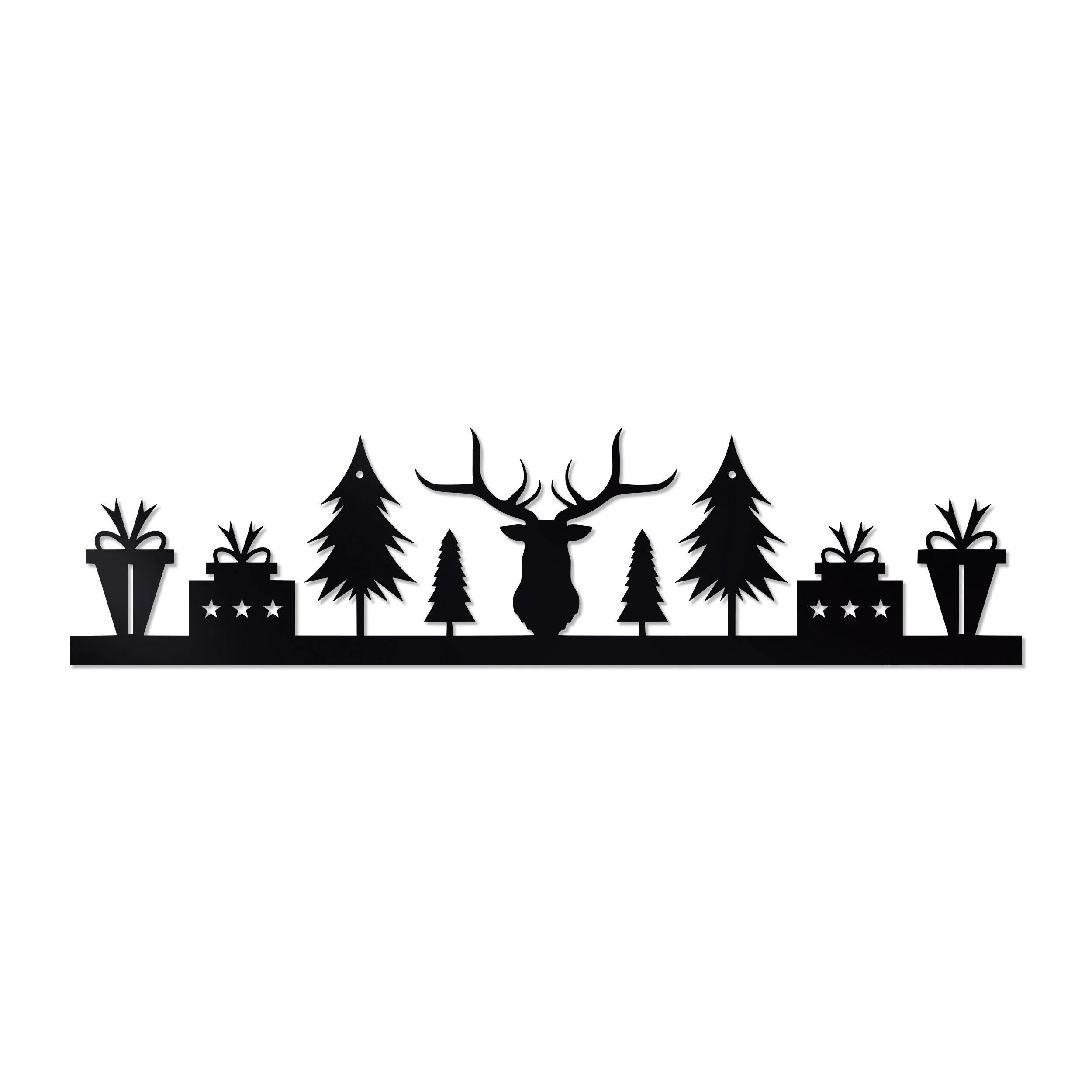 Black metal Christmas topper with buck, evergreen trees and wrapped presents