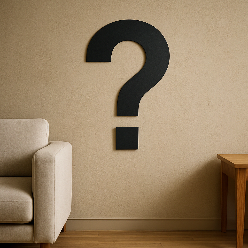A beige wall with a large black question mark decoration, a cream-colored sofa on the left, and a wooden side table on the right.
