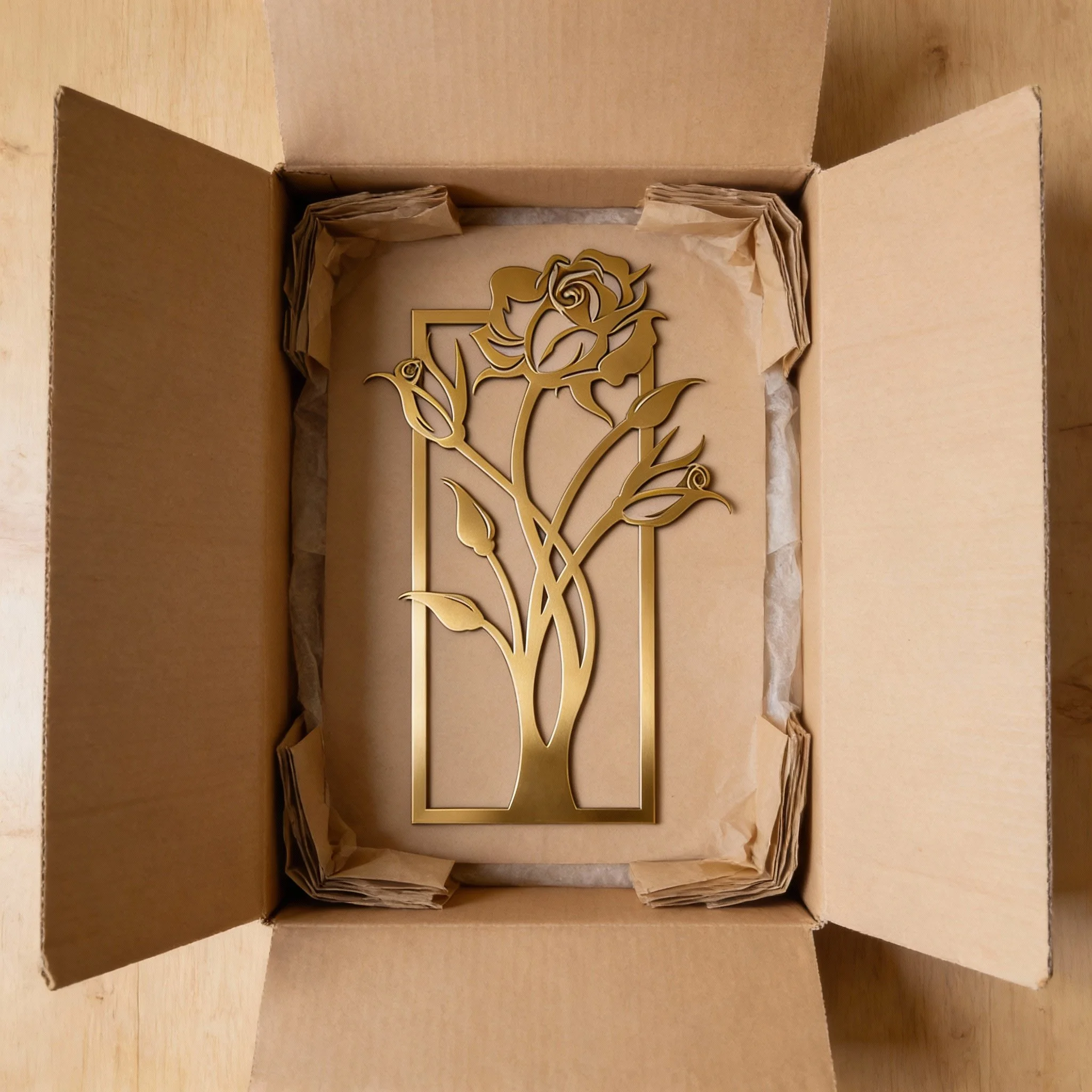 A gold-colored decorative metal piece in the shape of a rose with leaves, inside an open cardboard box with brown packing paper.
