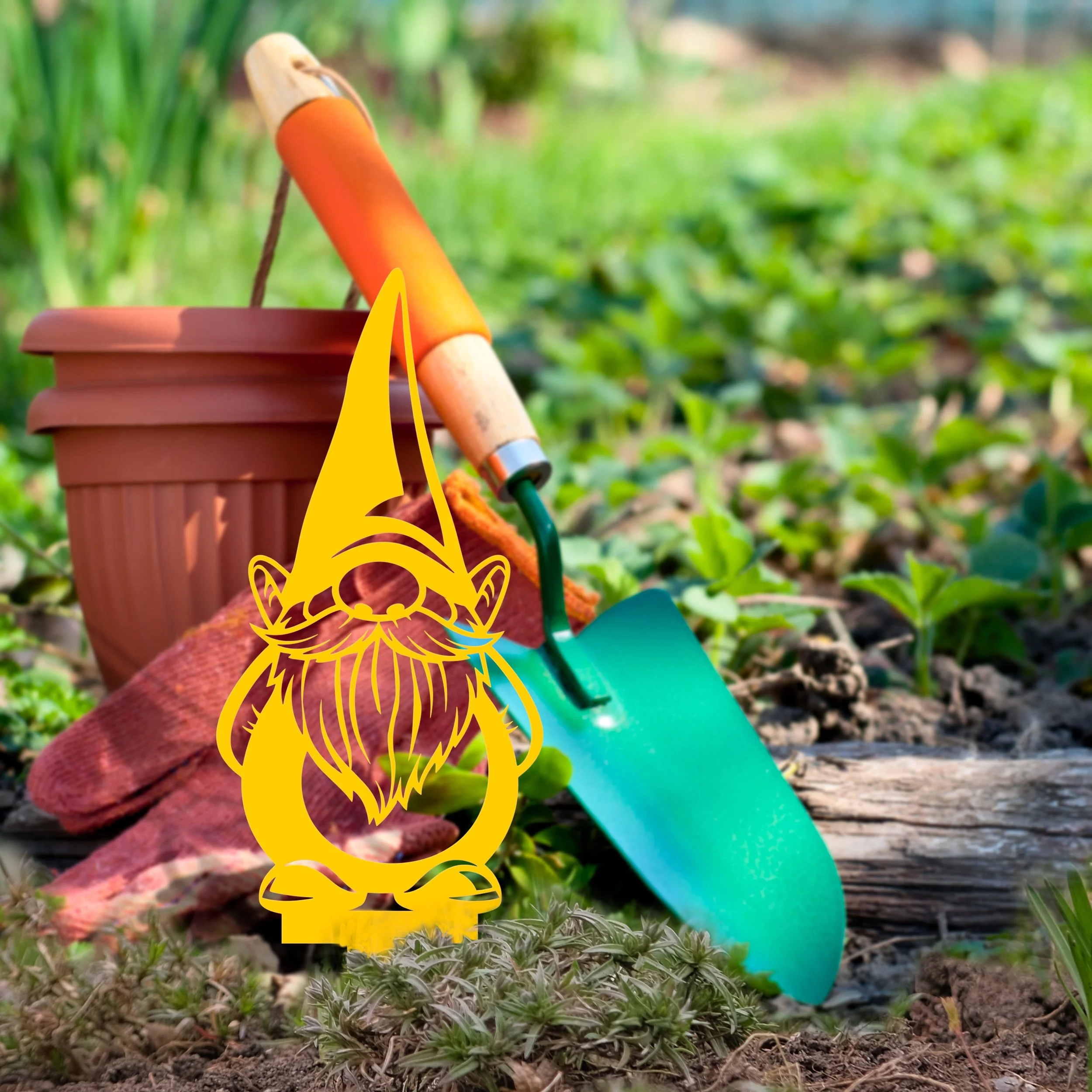 A bright yellow gnome leaning against a terracotta pot, with a green trowel and gardening gloves laying on the ground.