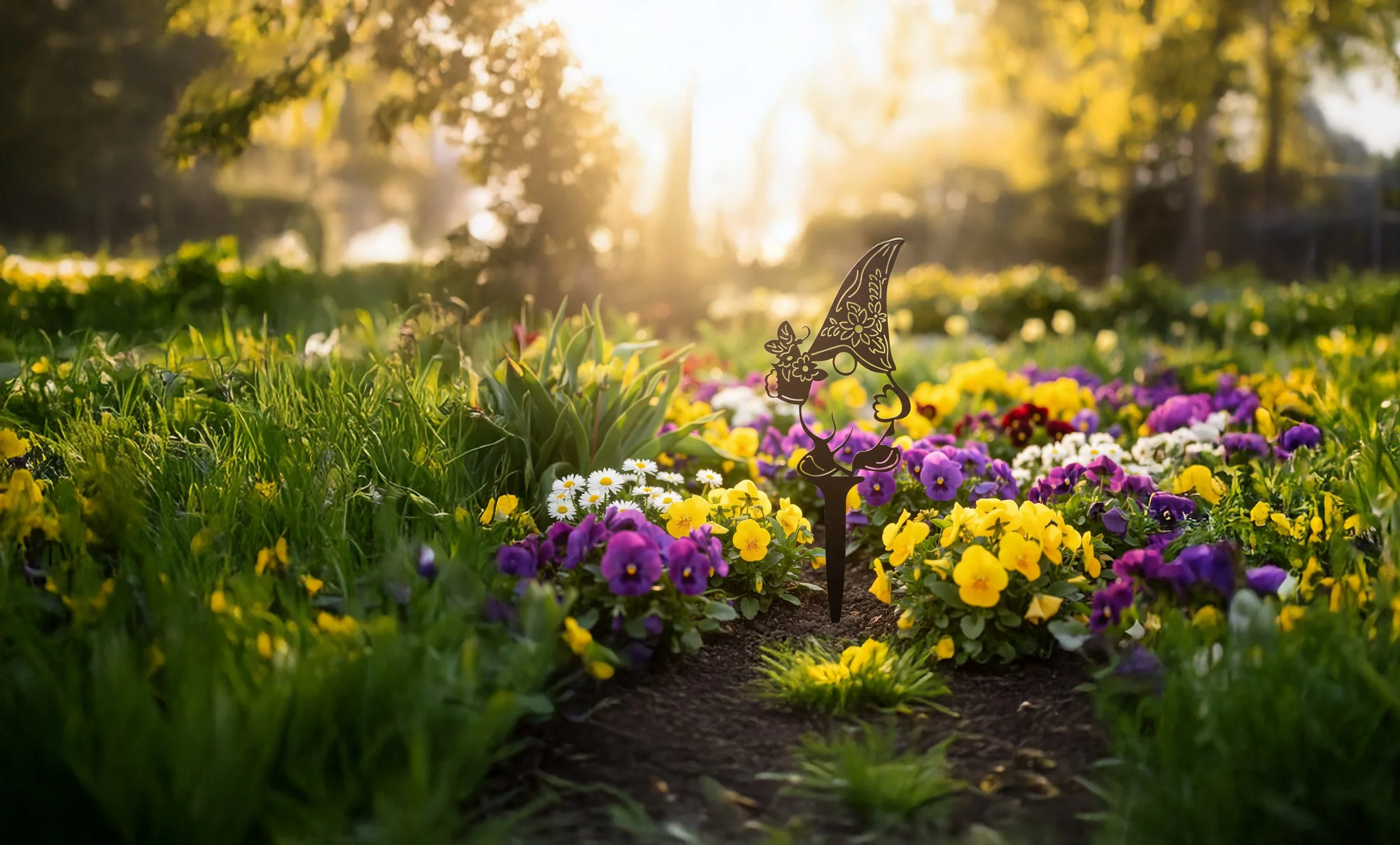 A garden bed filled with colorful pansies and white daisies, with a decorative garden stake of a gnome wearing a witch hat. The sun is setting in the background, casting a warm glow over the scene.