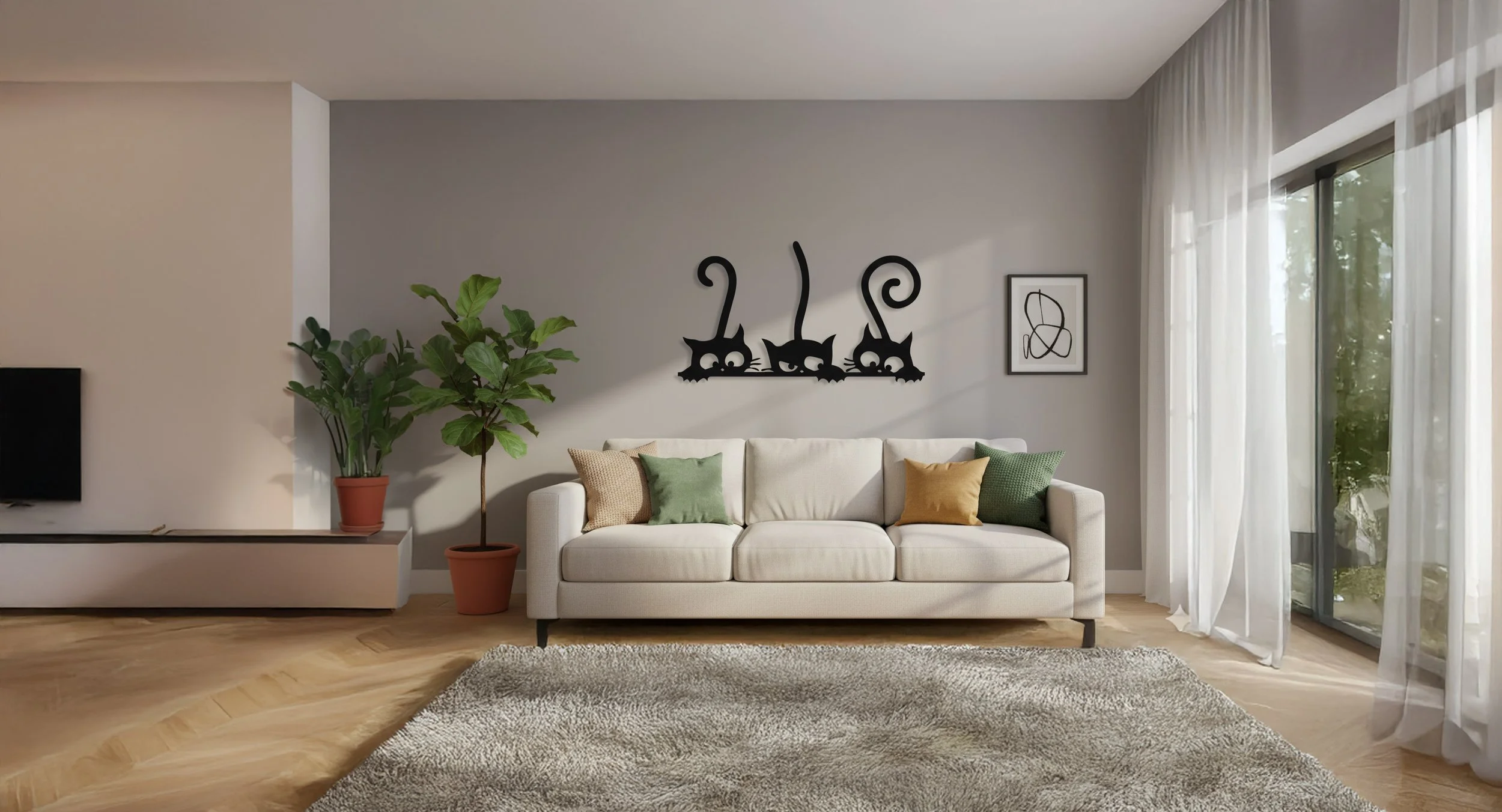 Black metal wall art of three playful cats peeking over a ledge, displayed above a white sofa in a modern living room.