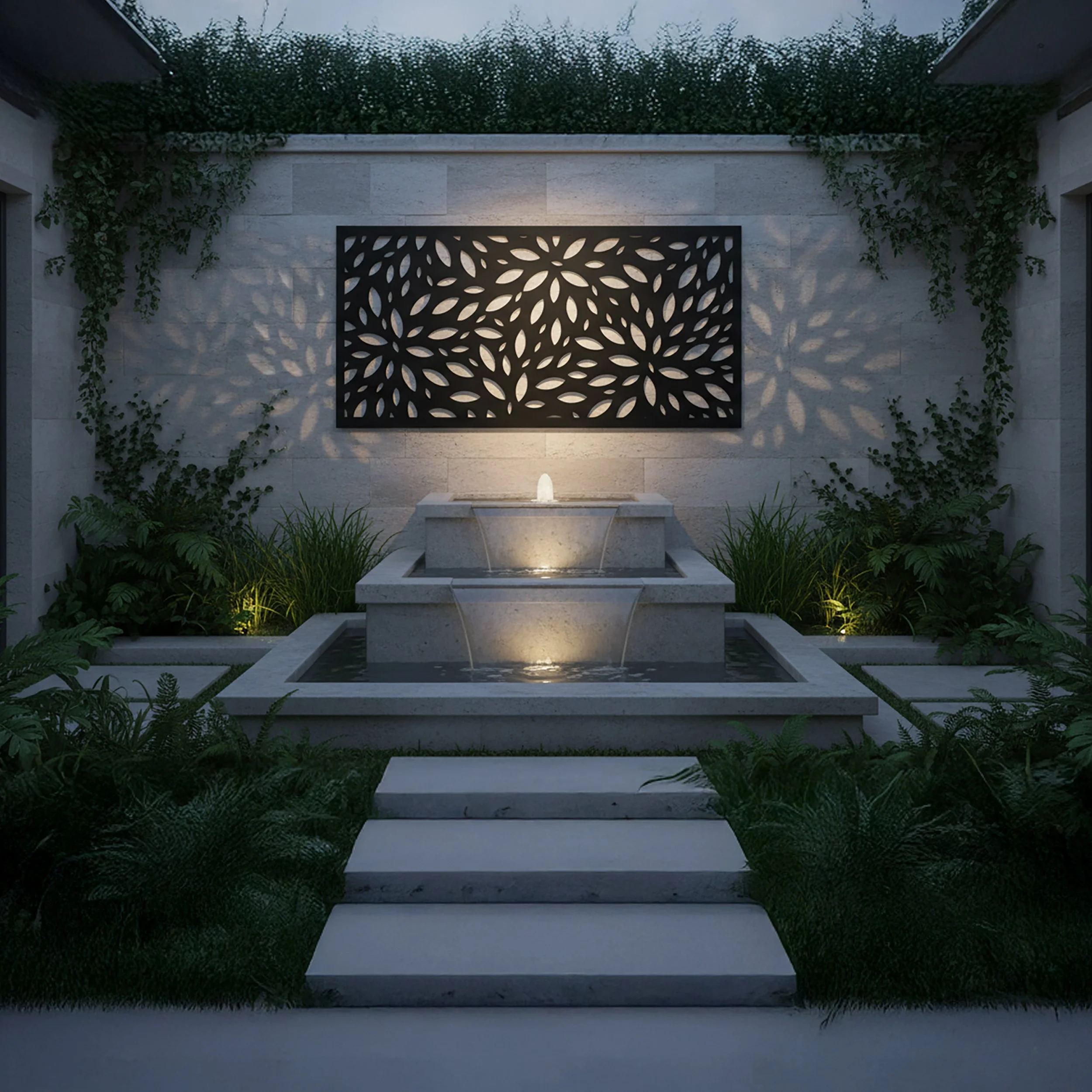 A decorative black metal wall panel casting floral patterned shadows against a stone wall above an illuminated tiered fountain, in a landscaped courtyard in the evening.