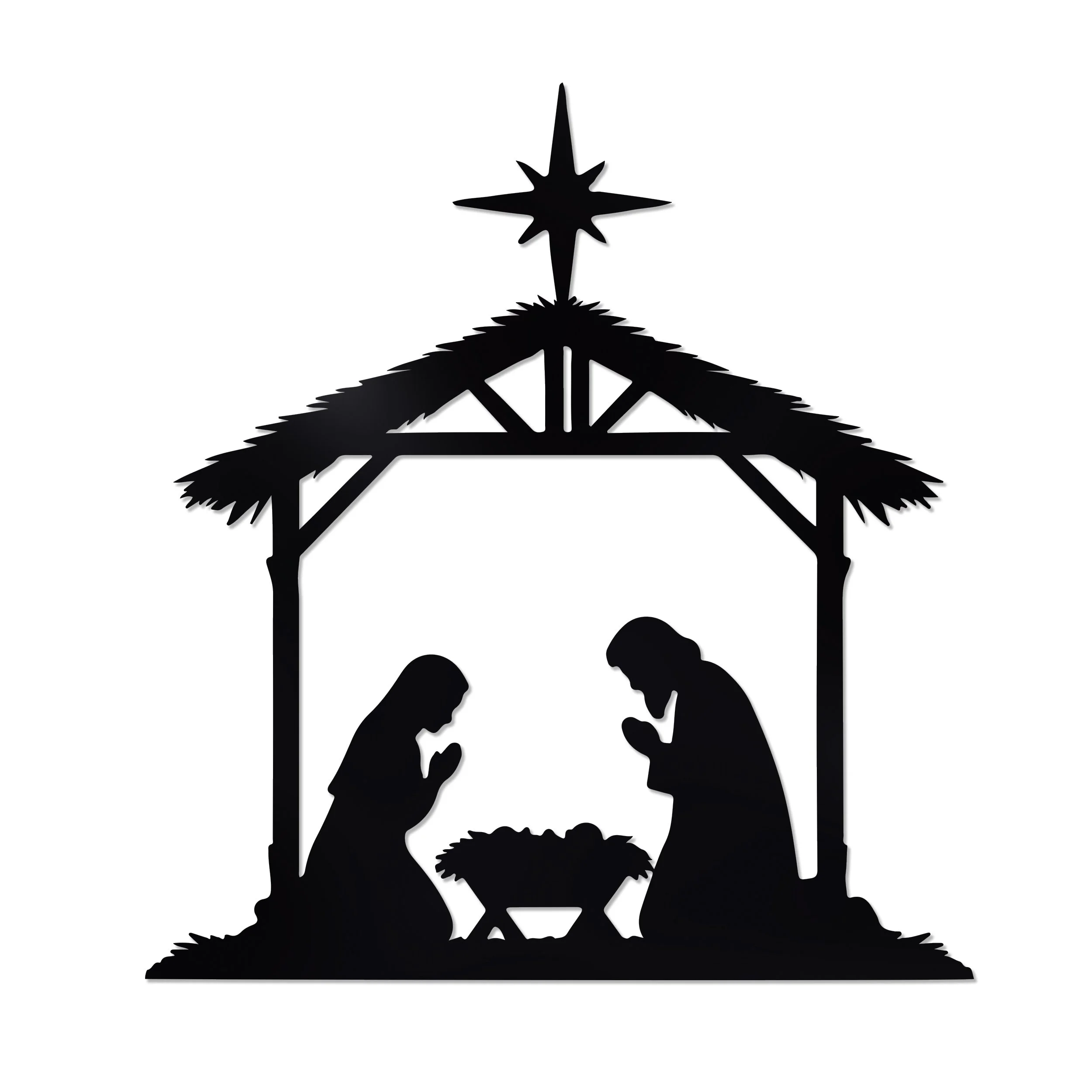 Metal Nativity scene silhouette with Mary, Joseph, baby Jesus in a manger and Christmas star