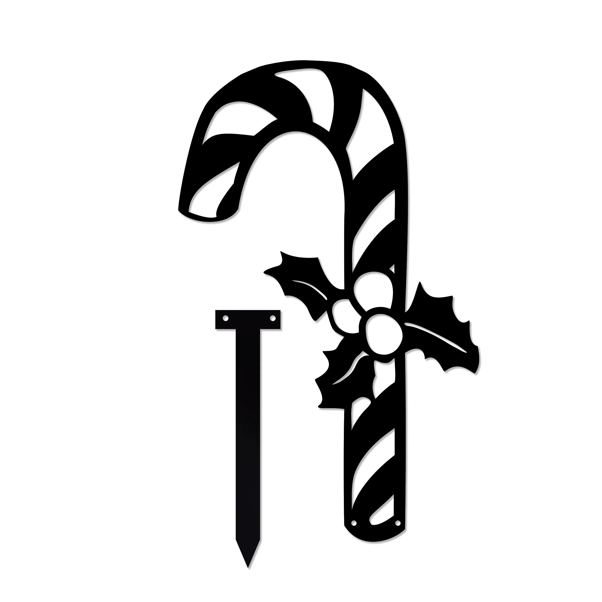 Black metal Christmas candy cane and garden stake with holly and berries