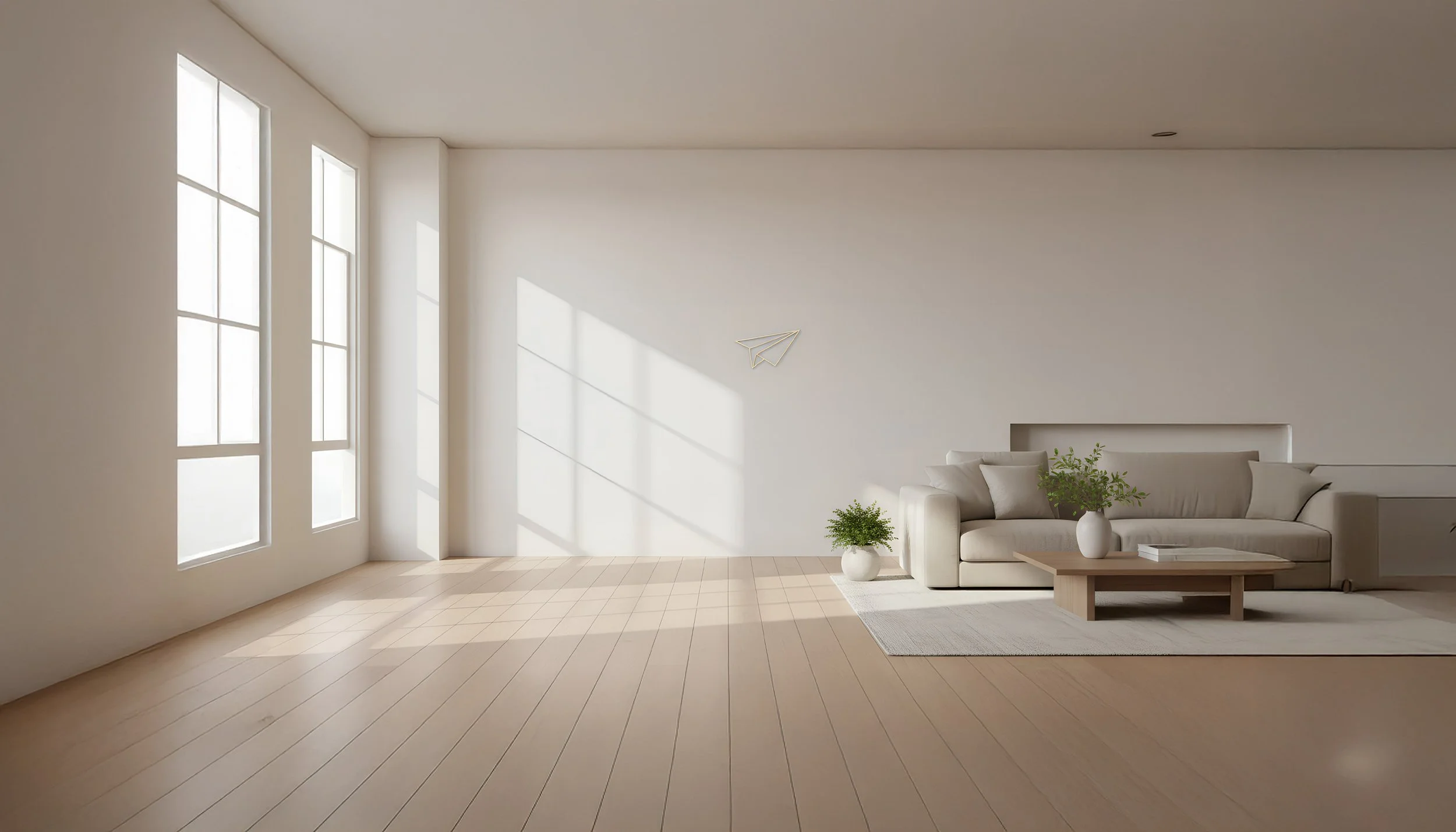 Minimalist living room with large windows, beige sofa, wooden coffee table, potted plants, light hardwood floors, and a paper plane wall decor.