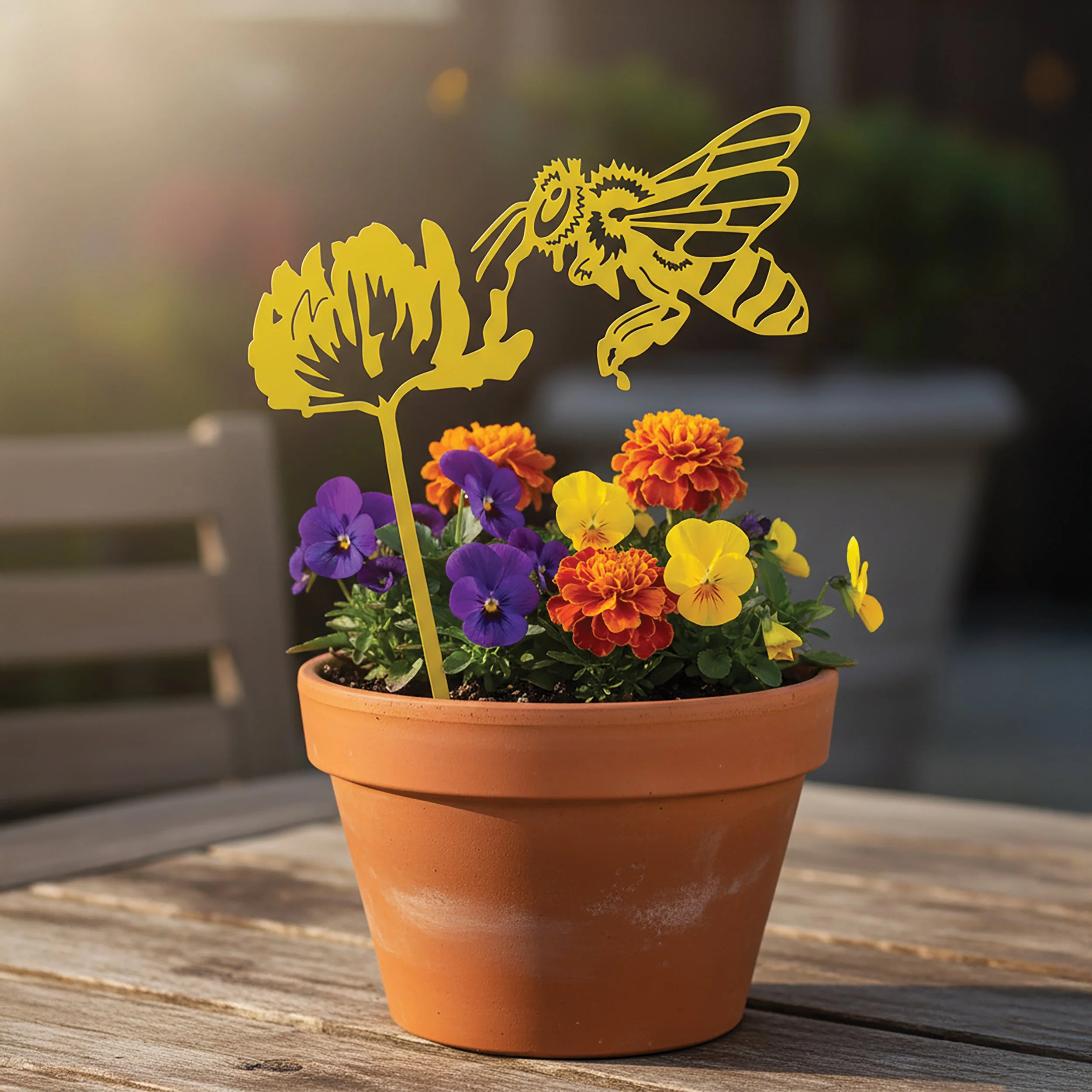 Potted flower arrangement with purple, yellow, and orange flowers, featuring a decorative bee and flower metal stake, on a wooden surface outdoors.