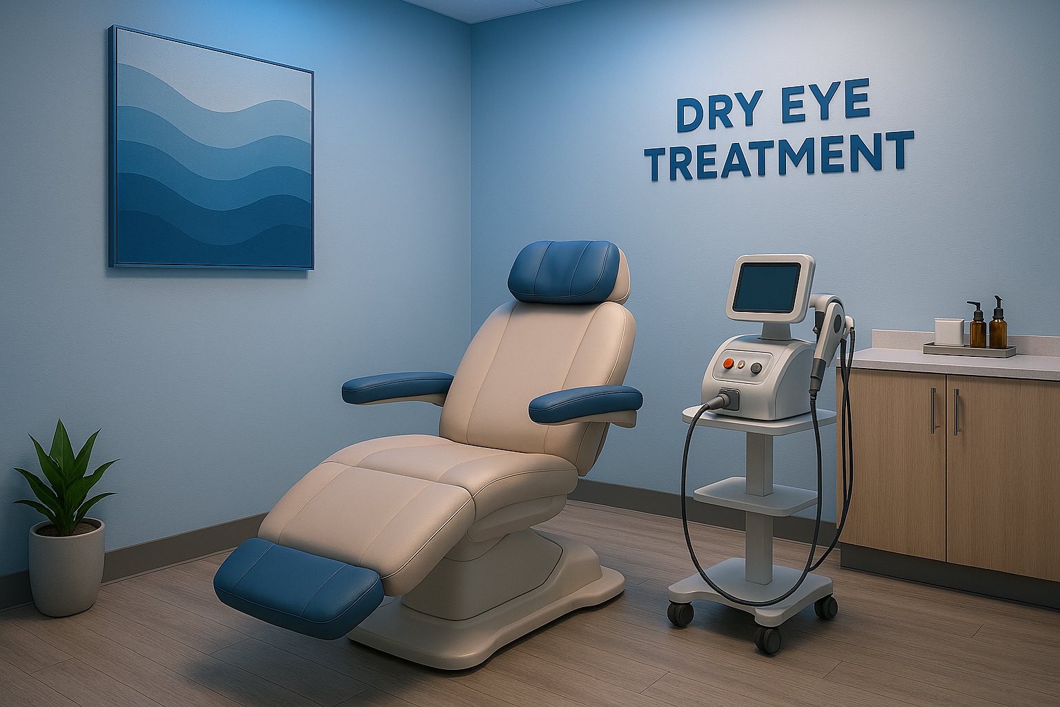 A medical treatment room with a reclining chair and a medical device on a stand, labeled 'Dry Eye Treatment' on the wall.