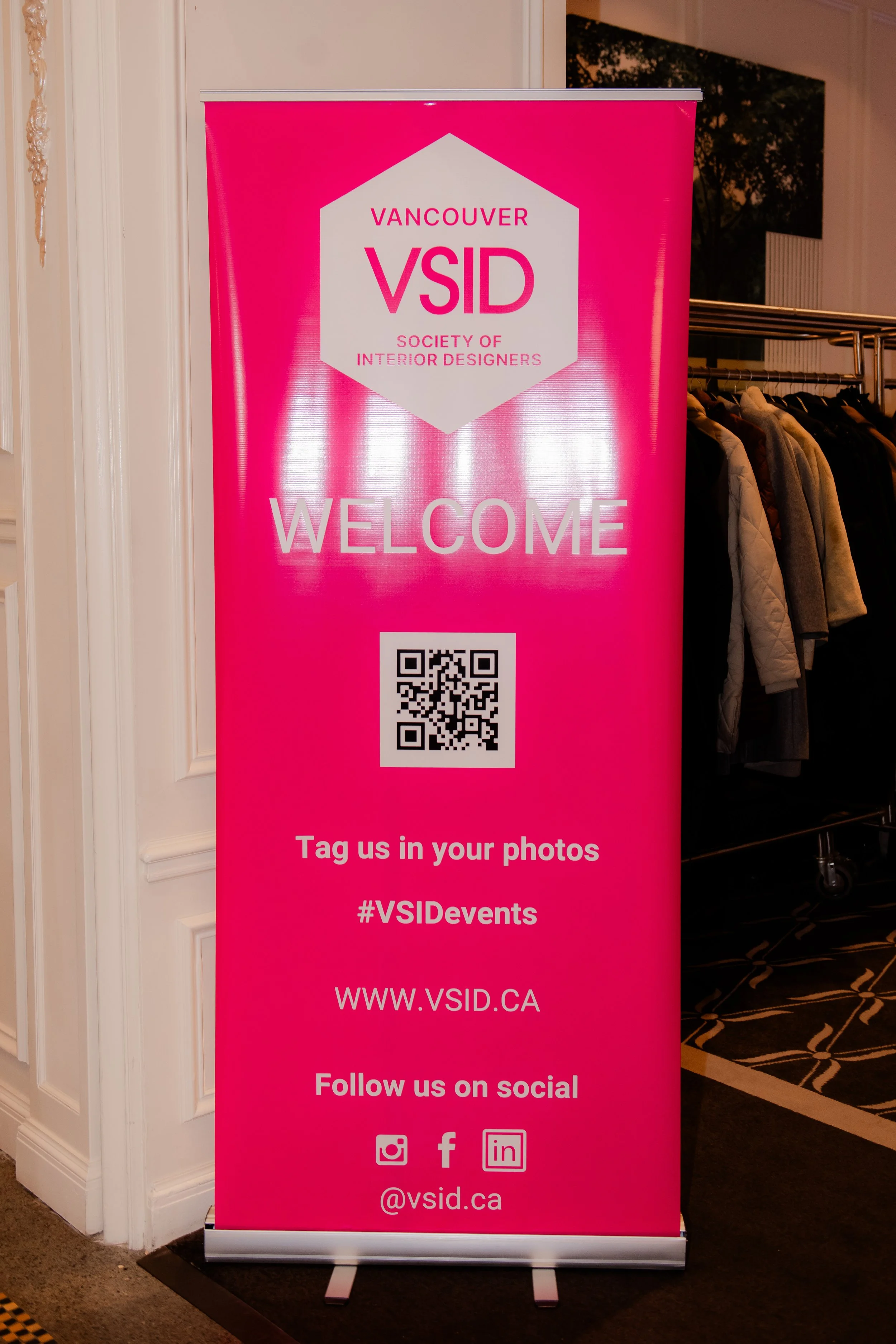 Pink Vancouver Society of Interior Designers (VSID) welcome banner with a QR code and social media icons.