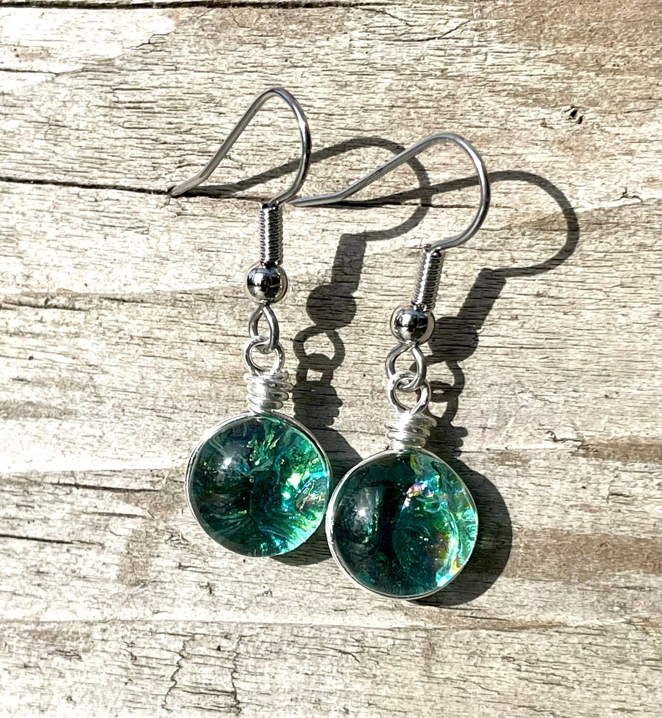 Round Dichroic Glass Earrings - Sea Foam Green