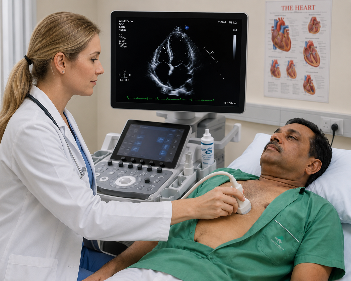 Female doctor performing an ultrasound on a male patient in a hospital room with a heart anatomy chart on the wall.