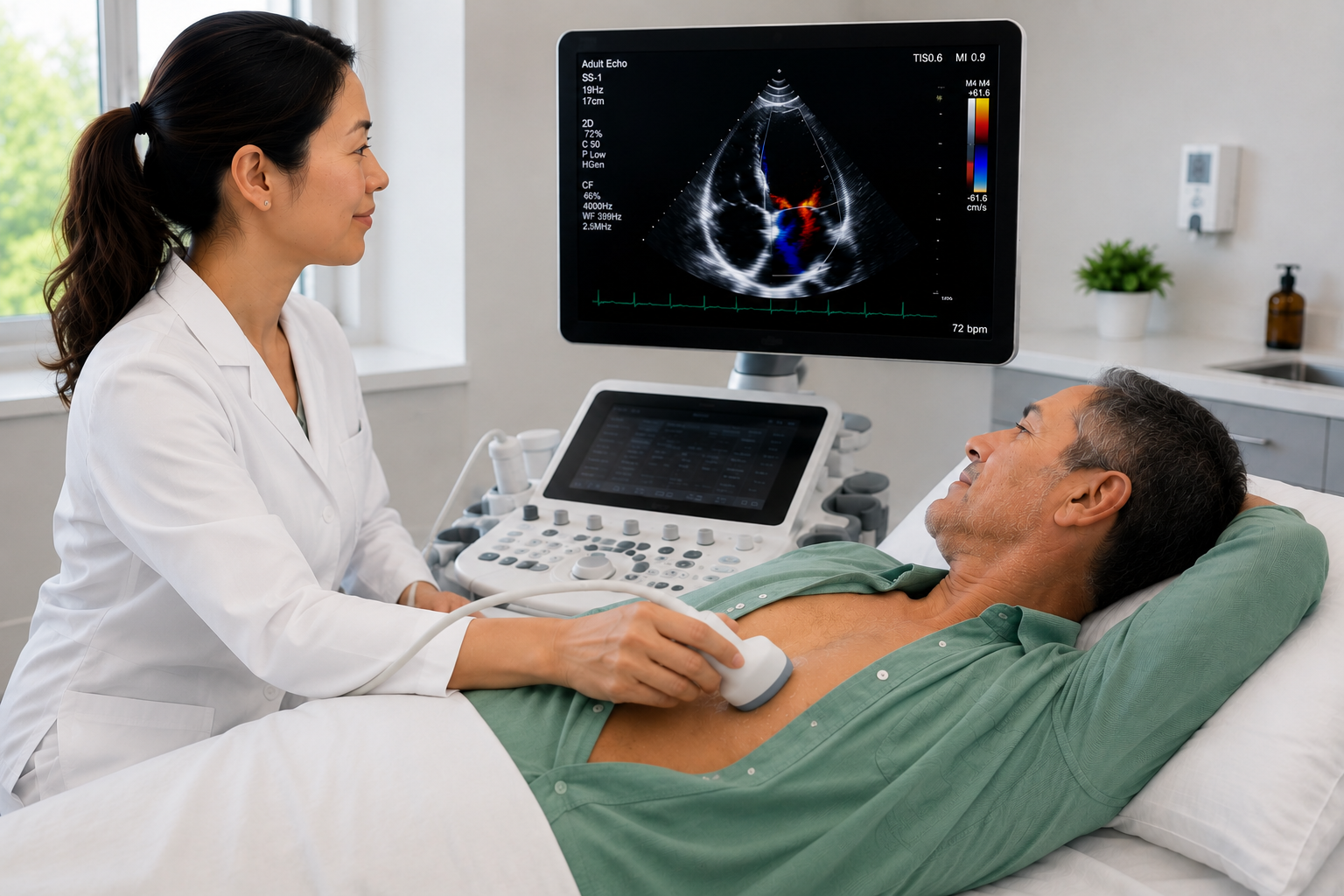 A healthcare professional performs an echocardiogram on a male patient lying in bed, with a monitor displaying an ultrasound of his heart.