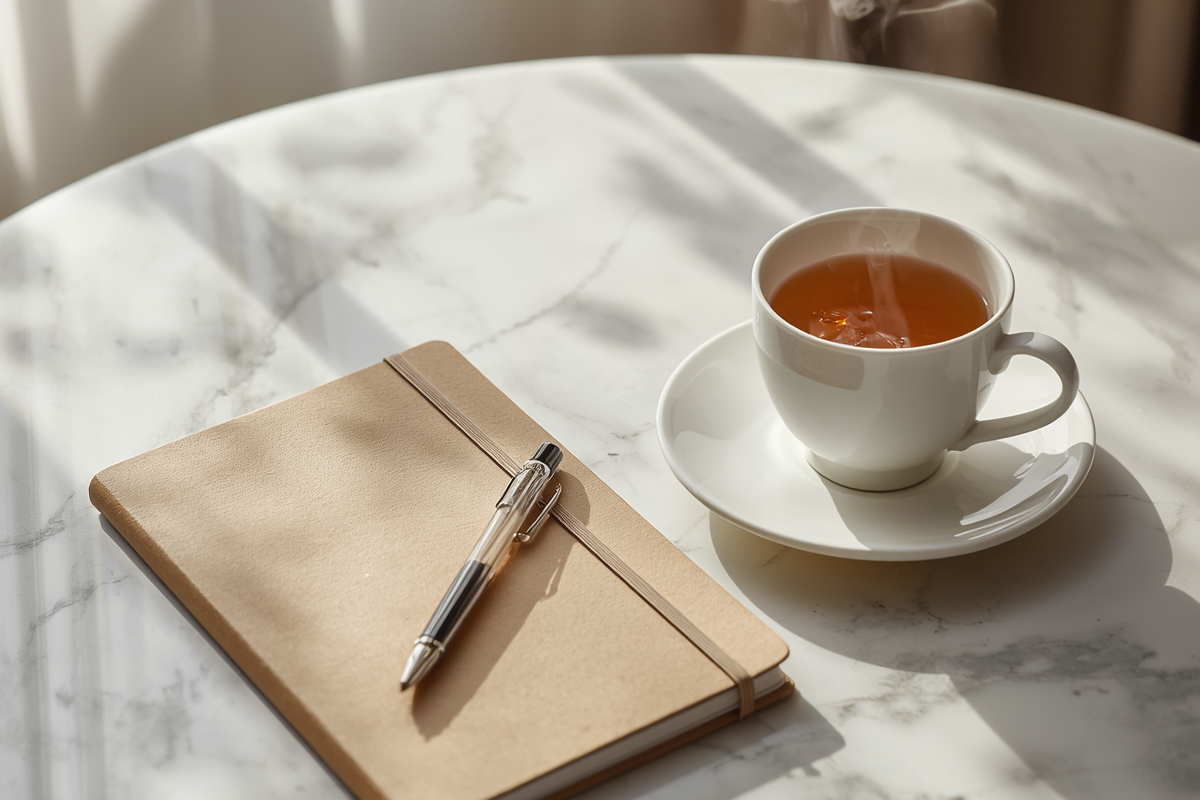 White tea cup with notebook and pen on a marble surface with soft sunlight.