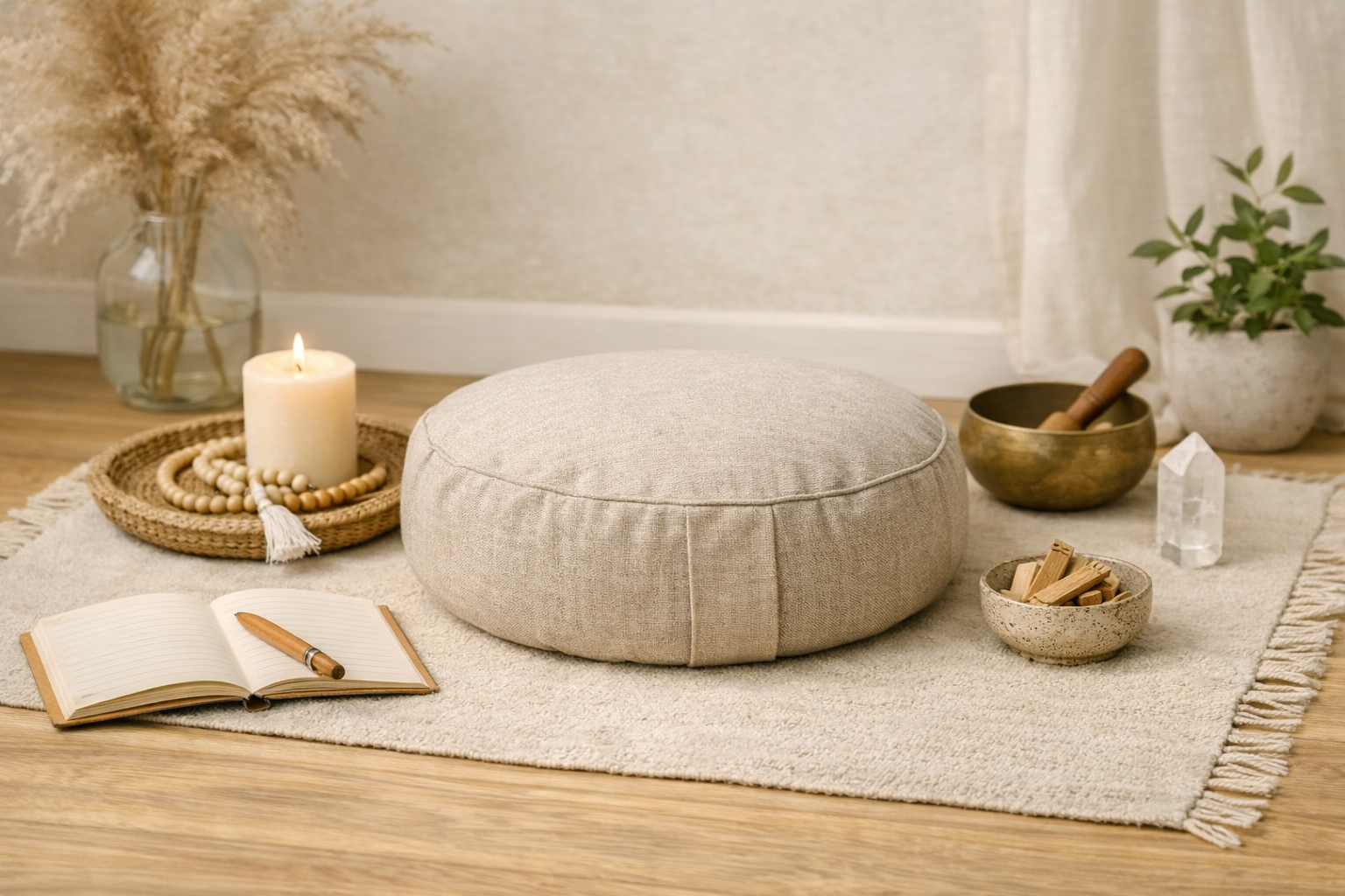 A cozy meditation setup on a beige rug featuring a round beige cushion, an open notebook with a pen, a lit candle with beads, a bowl of palo santo sticks, a crystal, a brass singing bowl with a mallet, and a potted plant in a white pot, all in a soft neutral color palette.