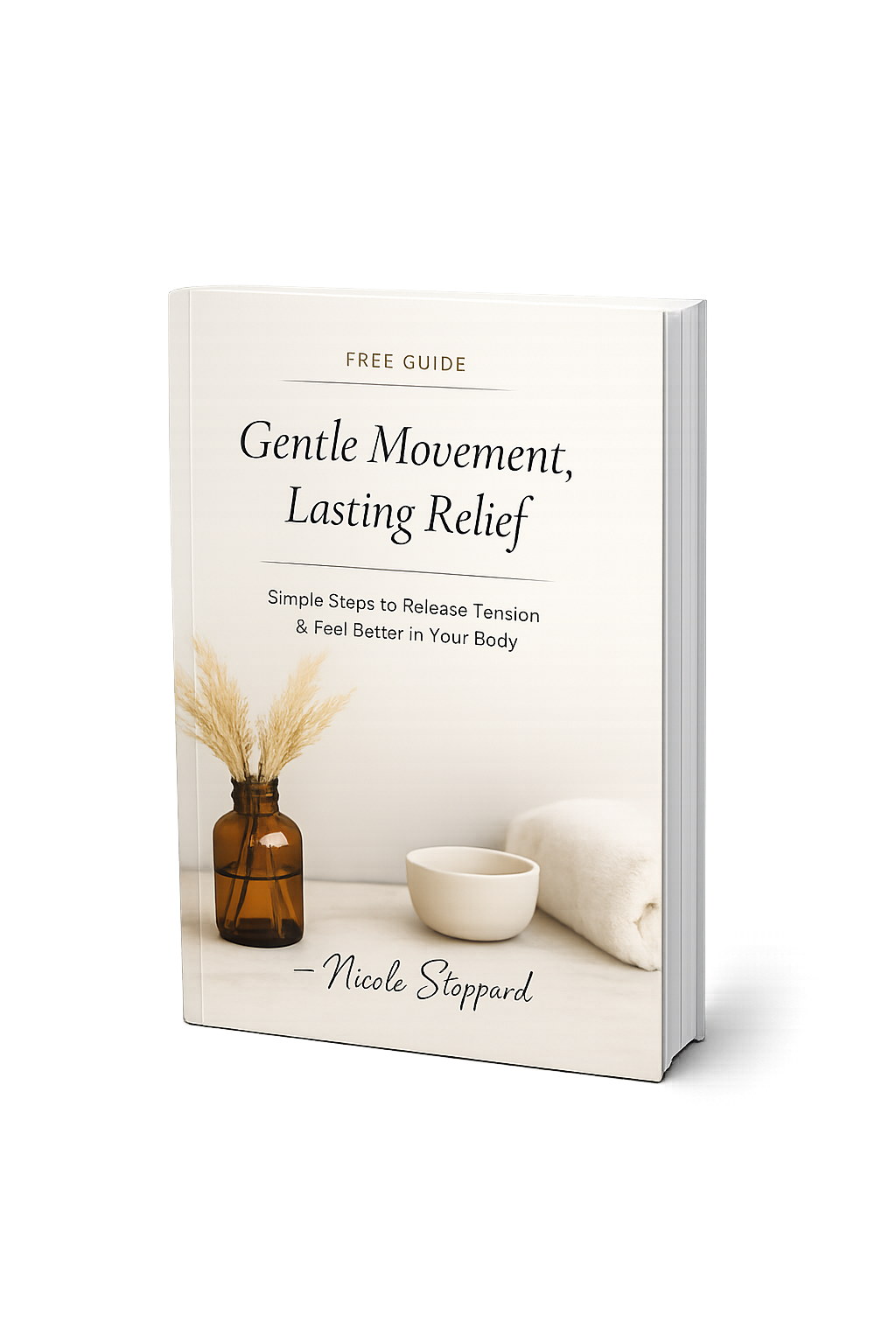 Book titled ‘Gentle Movement, Lasting Relief’ styled with dried flowers and neutral props.