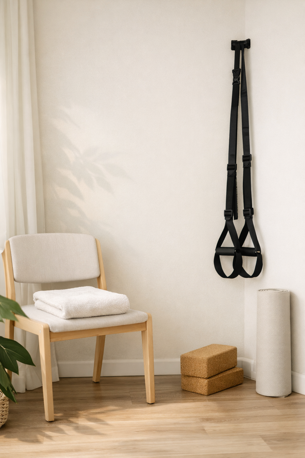 Minimal studio corner with wooden chair, yoga blocks, towel, and a black suspension strap