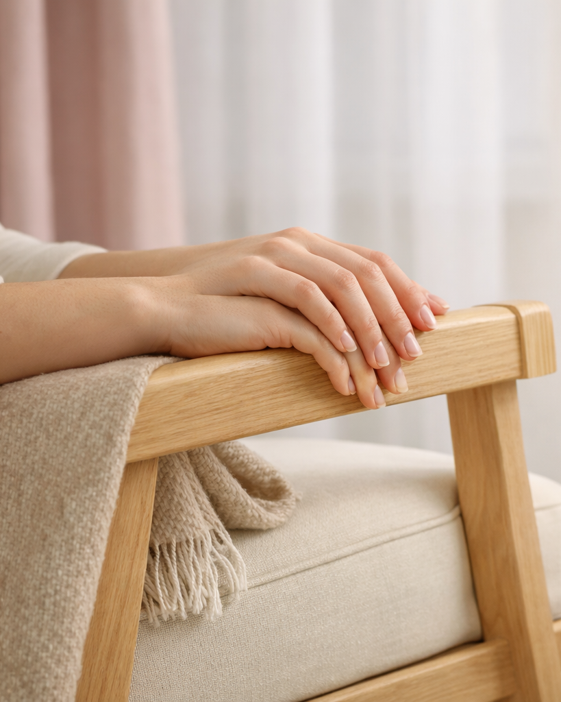 Hands resting on a wooden armrest with a beige blanket draped over the chair.
