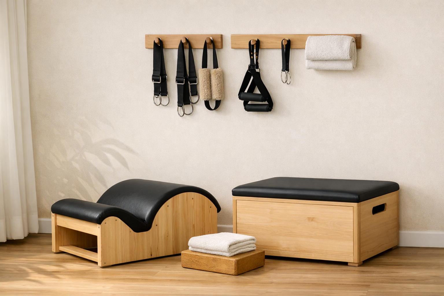 Wall rack holding exercise straps, foam roller, padded bench, step, and neatly stacked towels