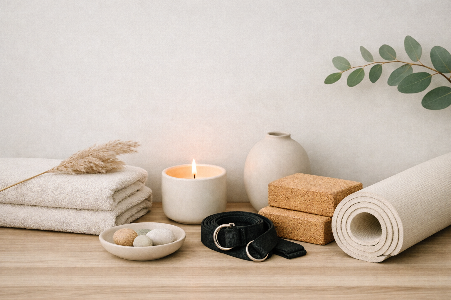 Stacked towels with a dry lavender stem, a lit candle, a white vase, cork yoga blocks, a rolled-up yoga mat, a black yoga strap, and small stones on a wooden surface against a light-colored background with green leaves.