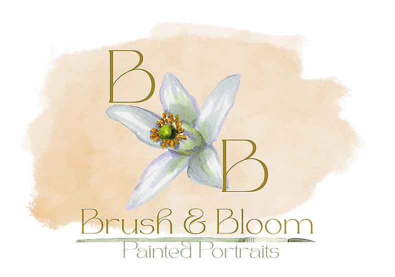 An illustration of a white and green flower with the words "Brush & Bloom" and the letters "B" and "B" in large gold font.