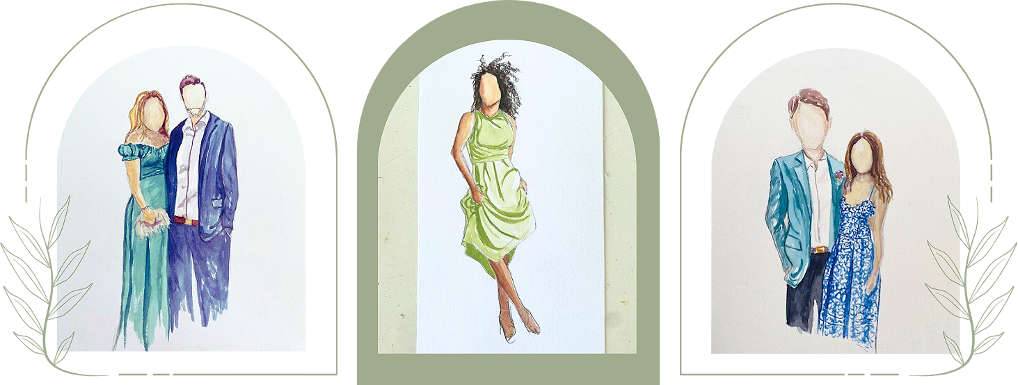 Three watercolor illustrations of people, each within an arch frame with green leafy decorations on the sides. The first shows a woman in a green dress next to a man in a blue suit. The second depicts a woman in a light green dress with curly hair. The third features a man in a blue blazer with a woman in a patterned blue dress.