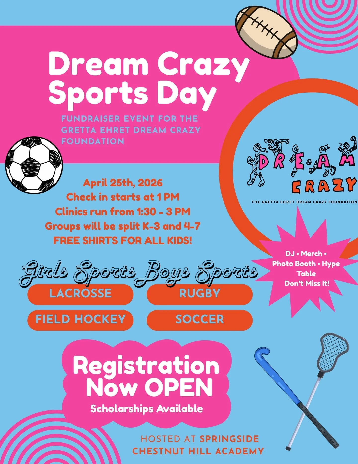 Dream Crazy Sports Day registration is OPEN! 🏑⚽🏉🥍 
The link to register is on our website under Get Involved &rarr; Youth Clinics.

Join us April 25th at Springside Chestnut Hill Academy for an afternoon of sports, fun, and community supporting th