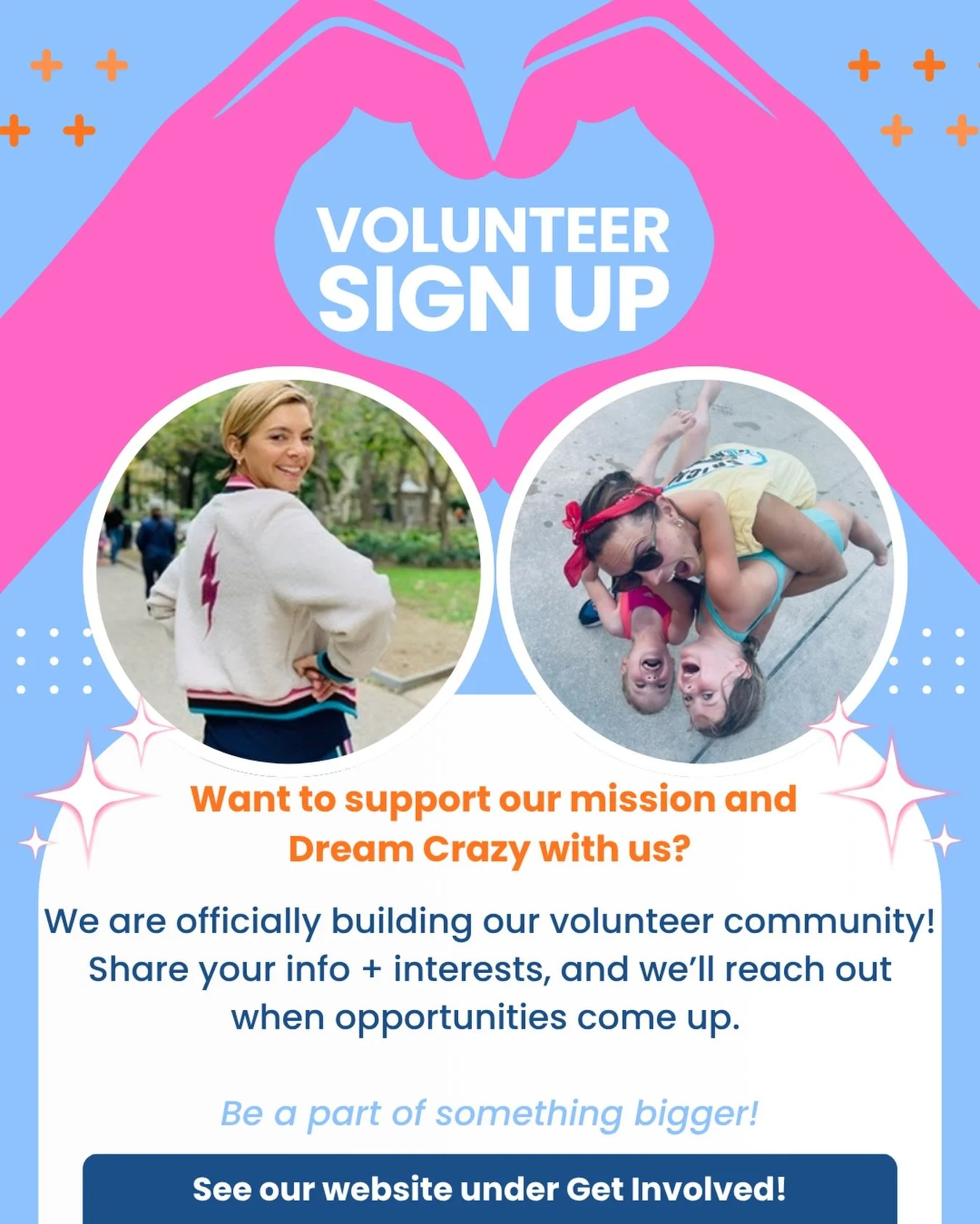 Want to Dream Crazy with us? ✨

We&rsquo;re building something special...and we want YOU to be part of it.
Sign up to volunteer, share your interests, and we&rsquo;ll reach out when opportunities come up!

dreamcrazyforgretta.org/volunteer

Let&rsquo