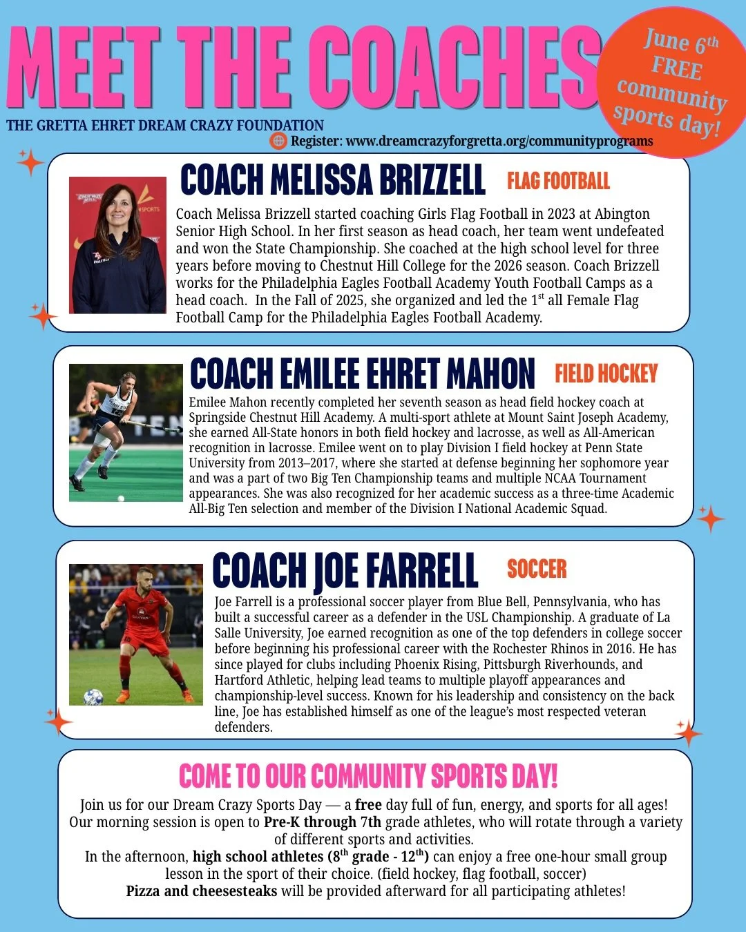 Are you ready for June 6th?! ✨Meet the coaches and get ready for an unforgettable day&mdash;TWO different FREE sessions!

☀️ Morning (Pre-K &ndash; 7th grade): Rotate through all three sports, try something new, and have fun with friends! 
Pizza for 