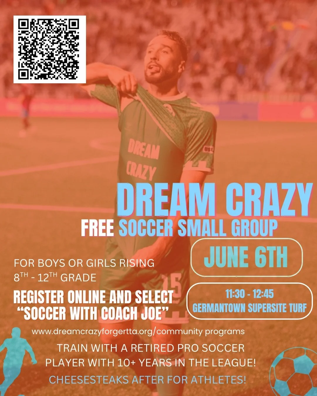 Work hard. Dream Crazy. ✨

Our June 6th afternoon sessions are still OPEN for rising 8th&ndash;12th graders! Come train in a FREE small group environment with elite coaches ready to help take your game to the next level. Pick between soccer, flag foo