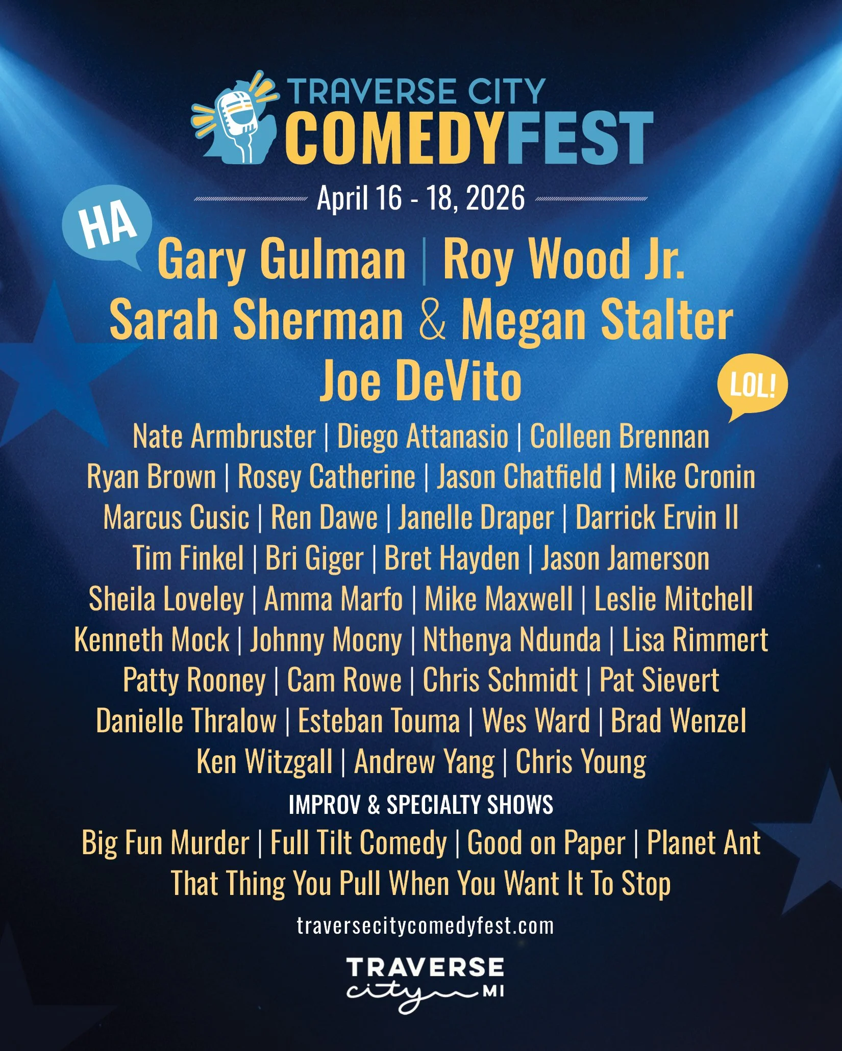 all comedians performing at 2026 traverse city michigan comedy festival