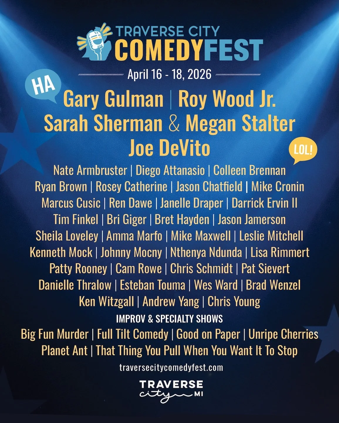 Full Comic List Traverse City Comedy Fest 2026