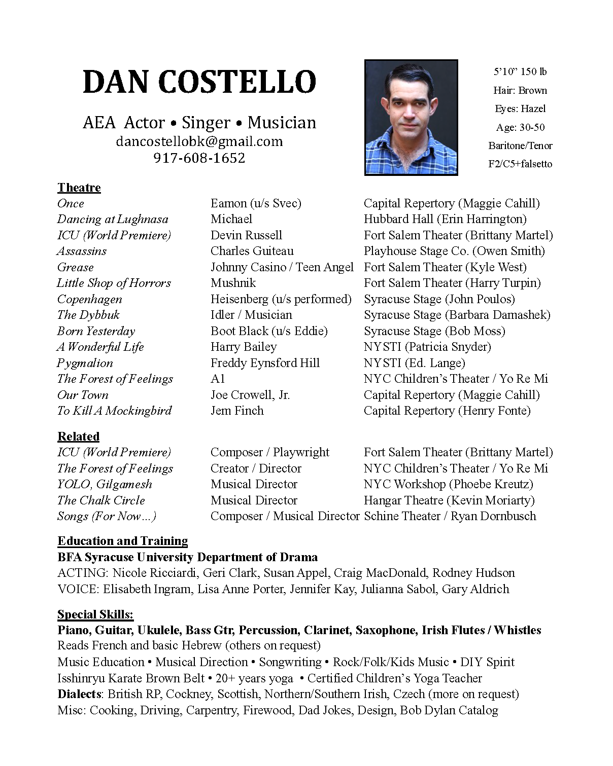 A professional resume for Dan Costello featuring a small portrait photograph, contact information, and details about his theater work, related projects, education, training, and skills, along with dialects and miscellaneous interests.