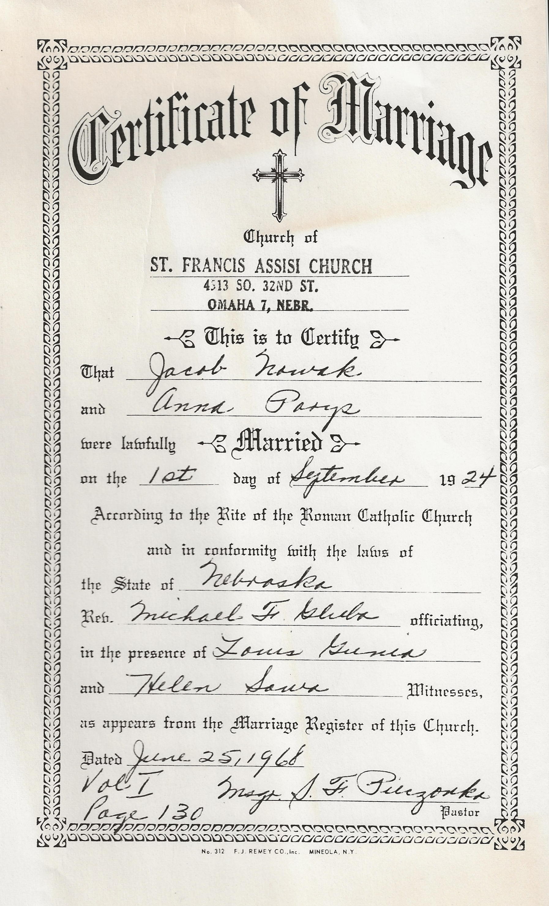 Certificate of Marriage for Jacob Nowak & Anna Parys