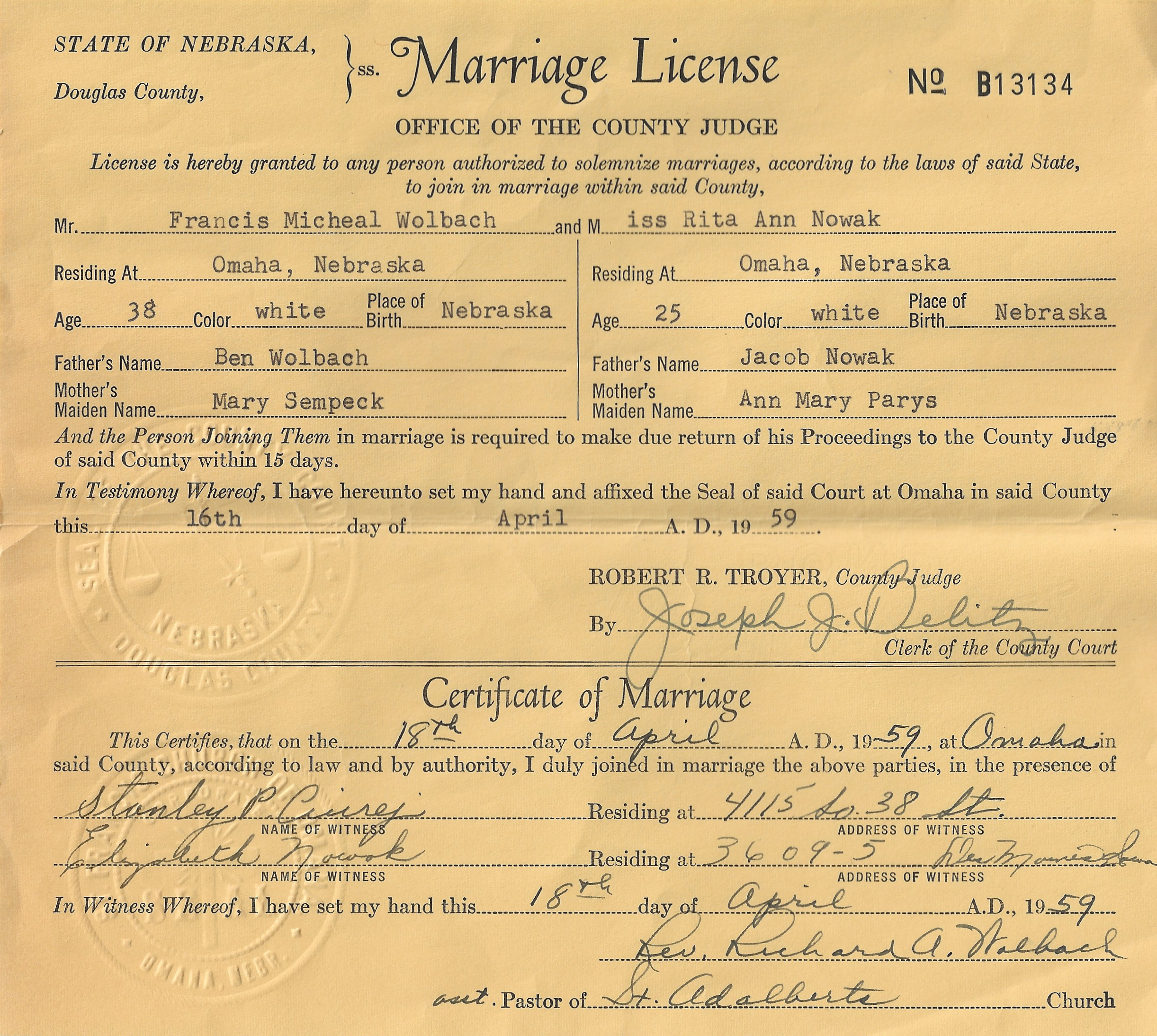 Frank & Rita's Marriage License