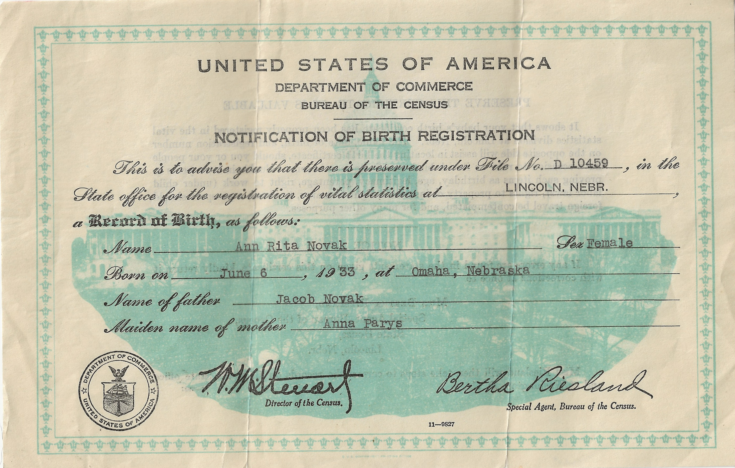 Notification of Birth Registration for Rita