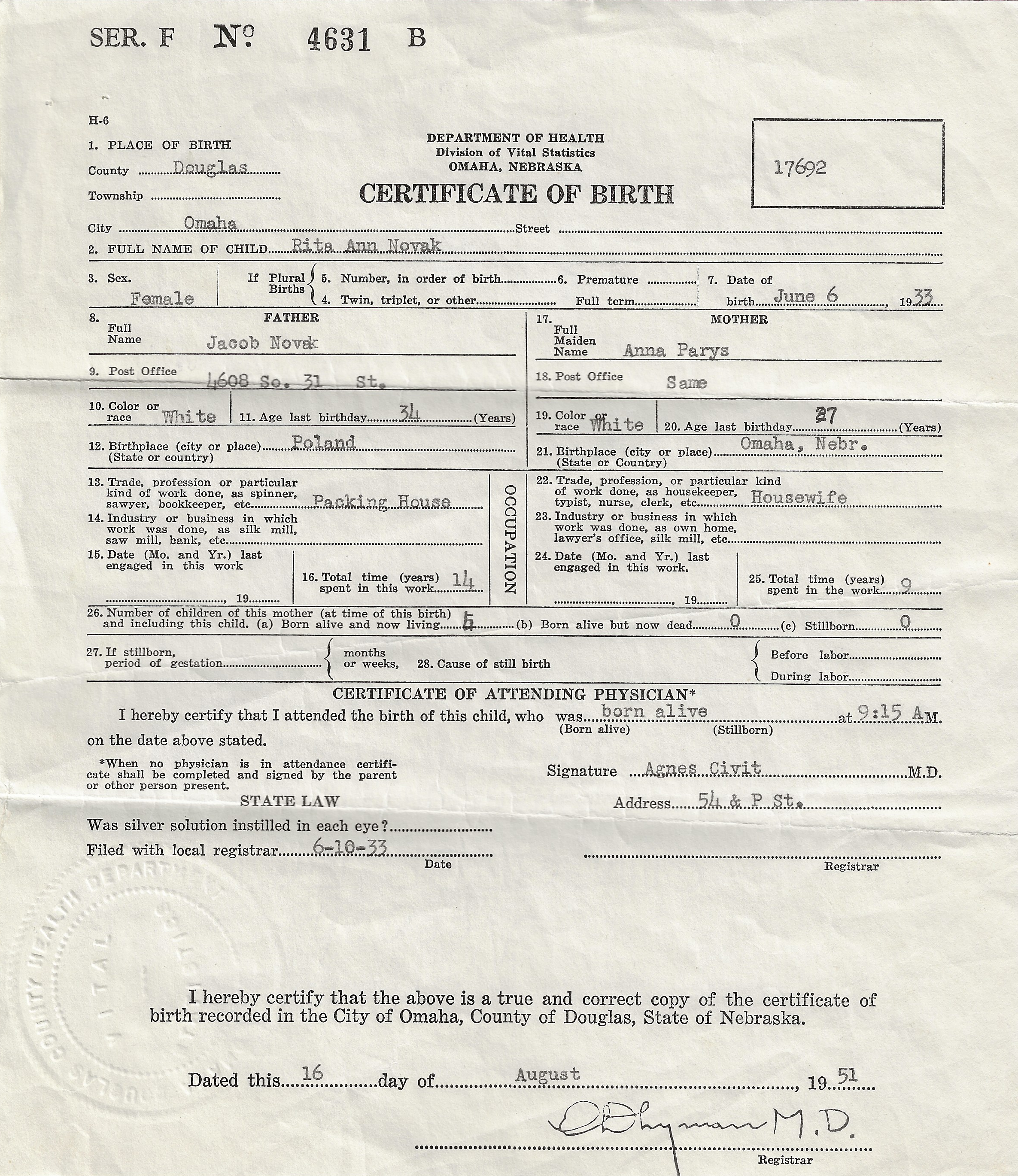 Certificate of Birth for Rita