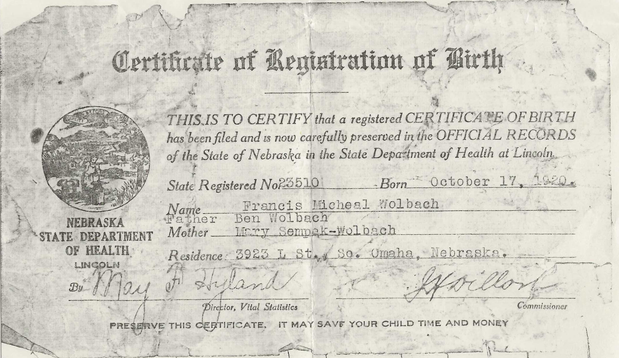 Certificate of Registration of Birth for Francis Wolbach