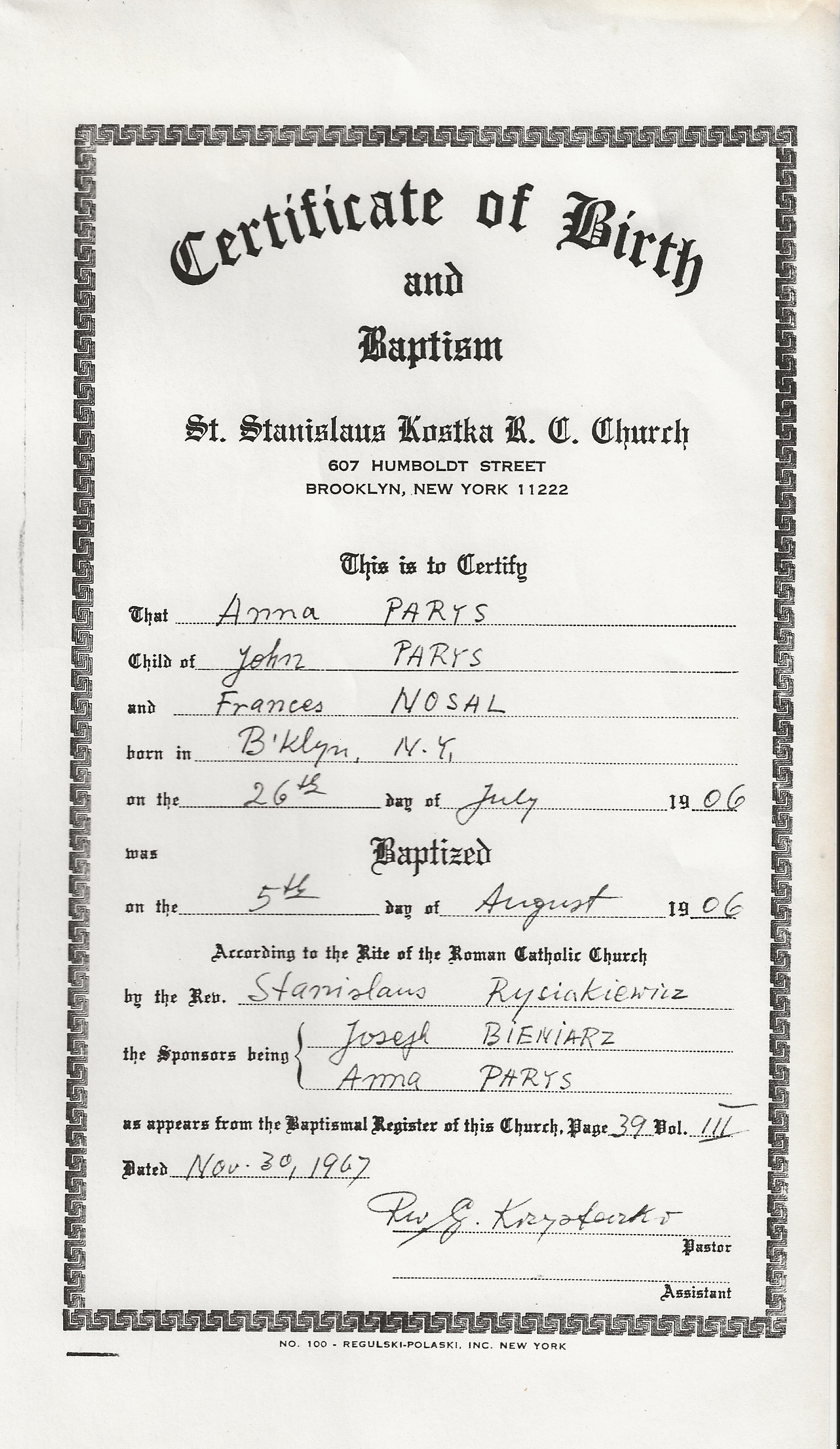 Certificate of Birth & Baptism for Anna Parys